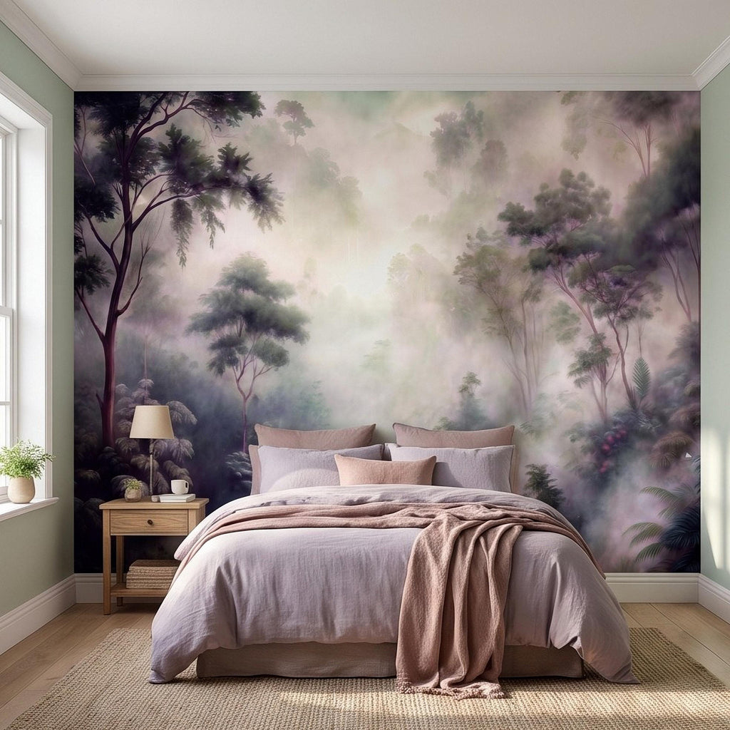 Misty Rainforest Peel and Stick Wall Mural, Tropical Jungle Landscape, Foggy Forest River, Lush Nature Wallpaper
