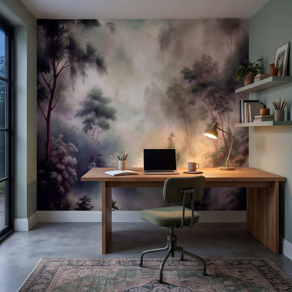 Misty Rainforest Peel and Stick Wall Mural, Tropical Jungle Landscape, Foggy Forest River, Lush Nature Wallpaper