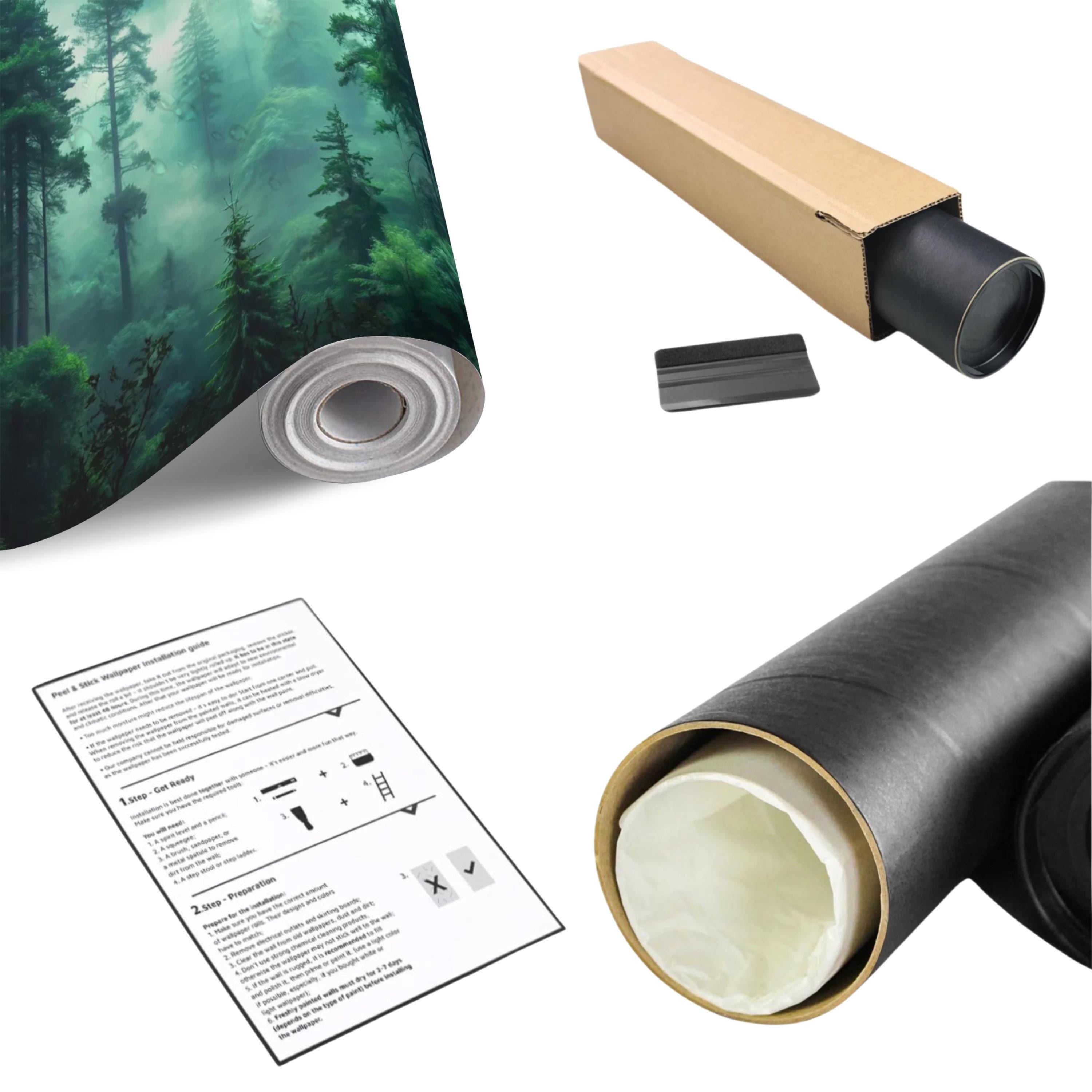 Misty Pine Forest Peel and Stick Wall Mural, Foggy Evergreen Woodland, Mountain Wilderness Scenery Nature Wallpaper