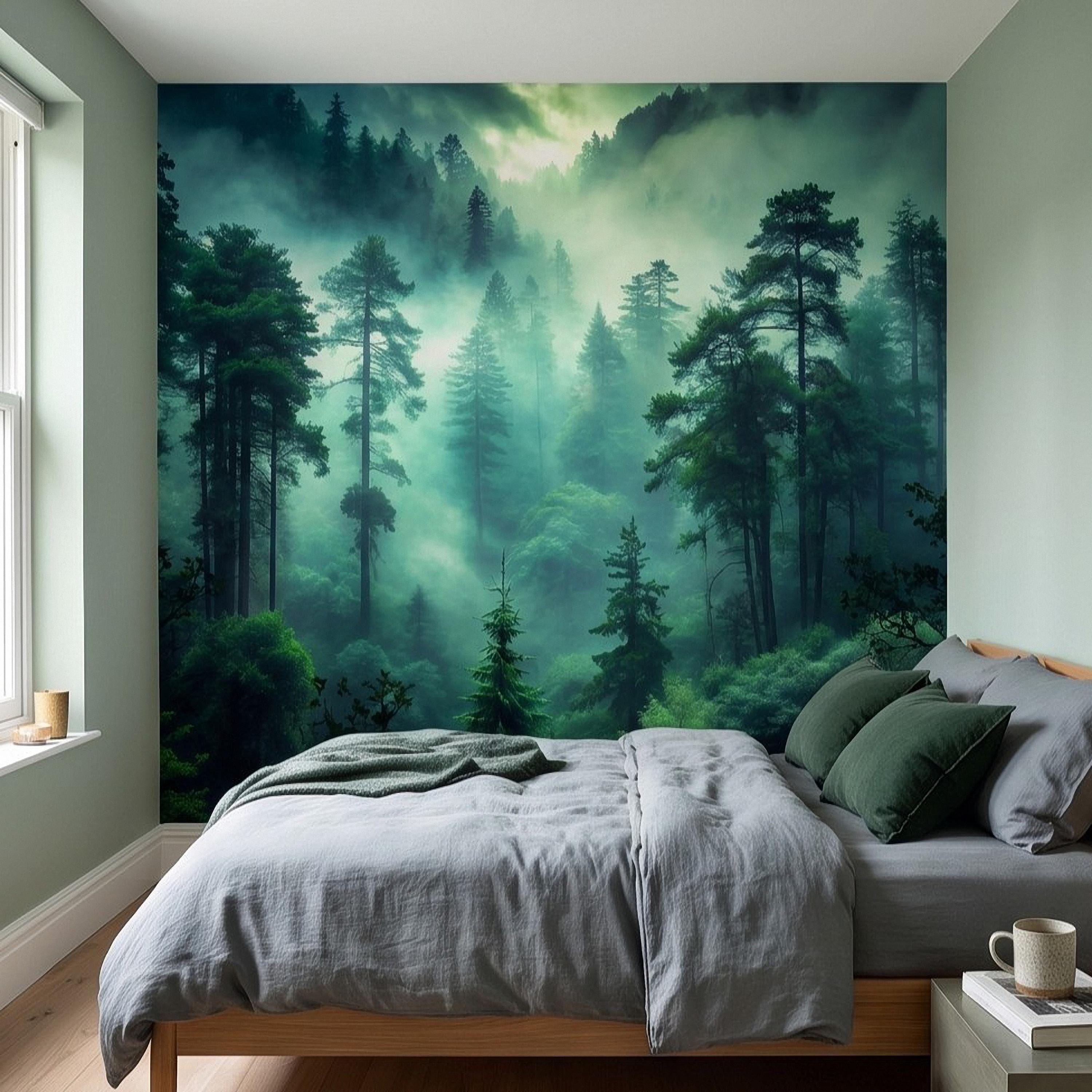 Misty Pine Forest Peel and Stick Wall Mural, Foggy Evergreen Woodland, Mountain Wilderness Scenery Nature Wallpaper