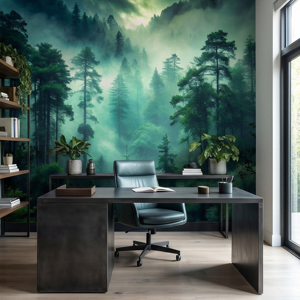 Misty Pine Forest Peel and Stick Wall Mural, Foggy Evergreen Woodland, Mountain Wilderness Scenery Nature Wallpaper