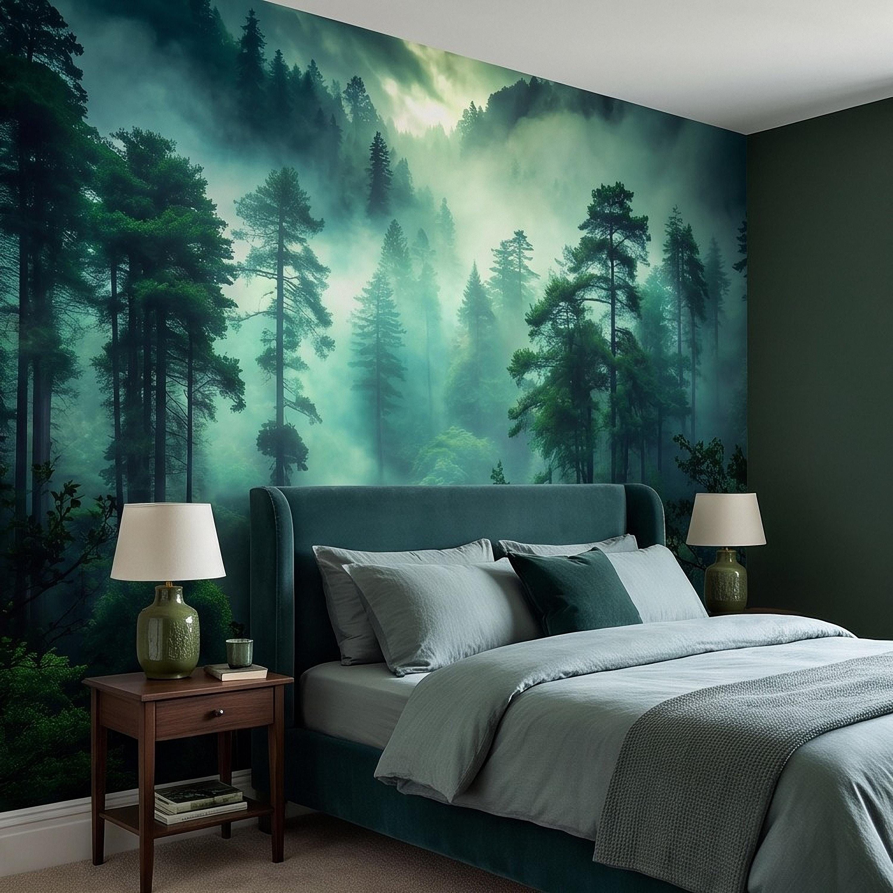 Misty Pine Forest Peel and Stick Wall Mural, Foggy Evergreen Woodland, Mountain Wilderness Scenery Nature Wallpaper