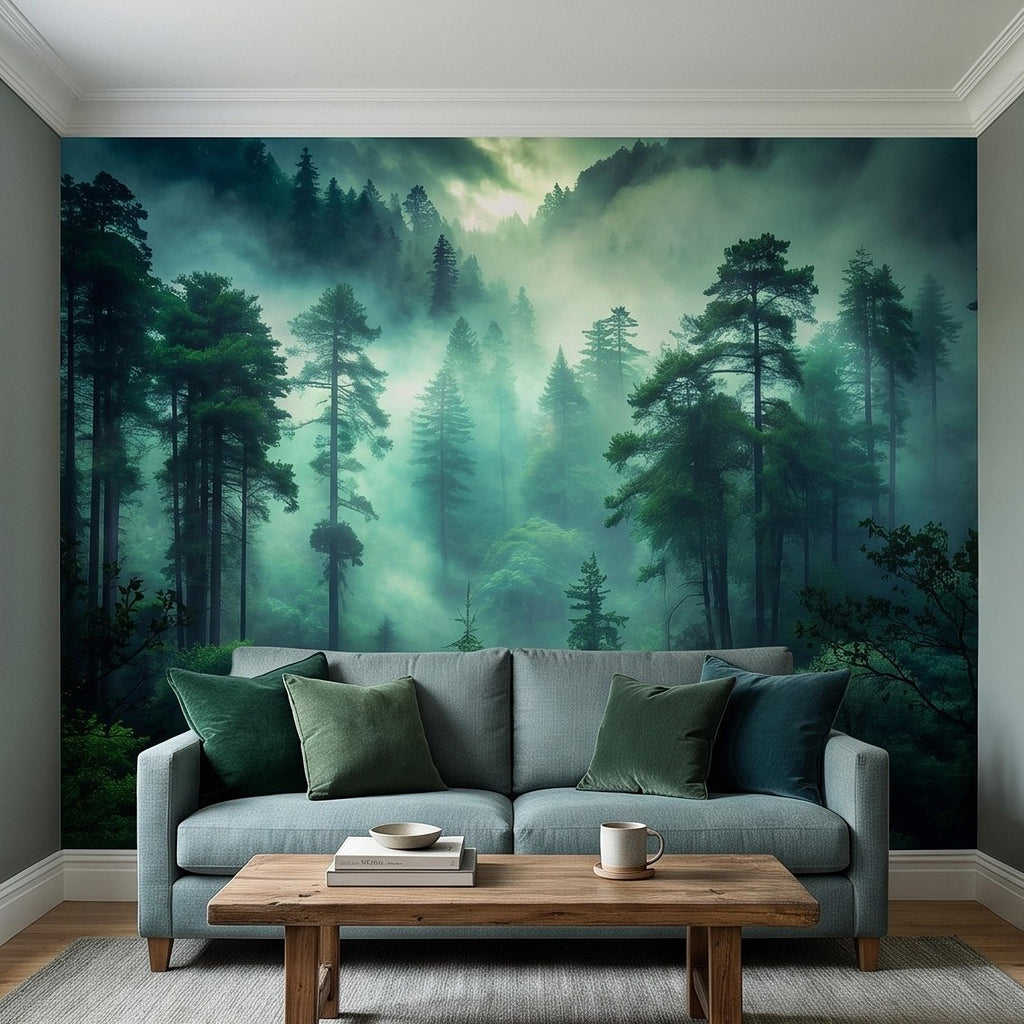 Misty Pine Forest Peel and Stick Wall Mural, Foggy Evergreen Woodland, Mountain Wilderness Scenery Nature Wallpaper