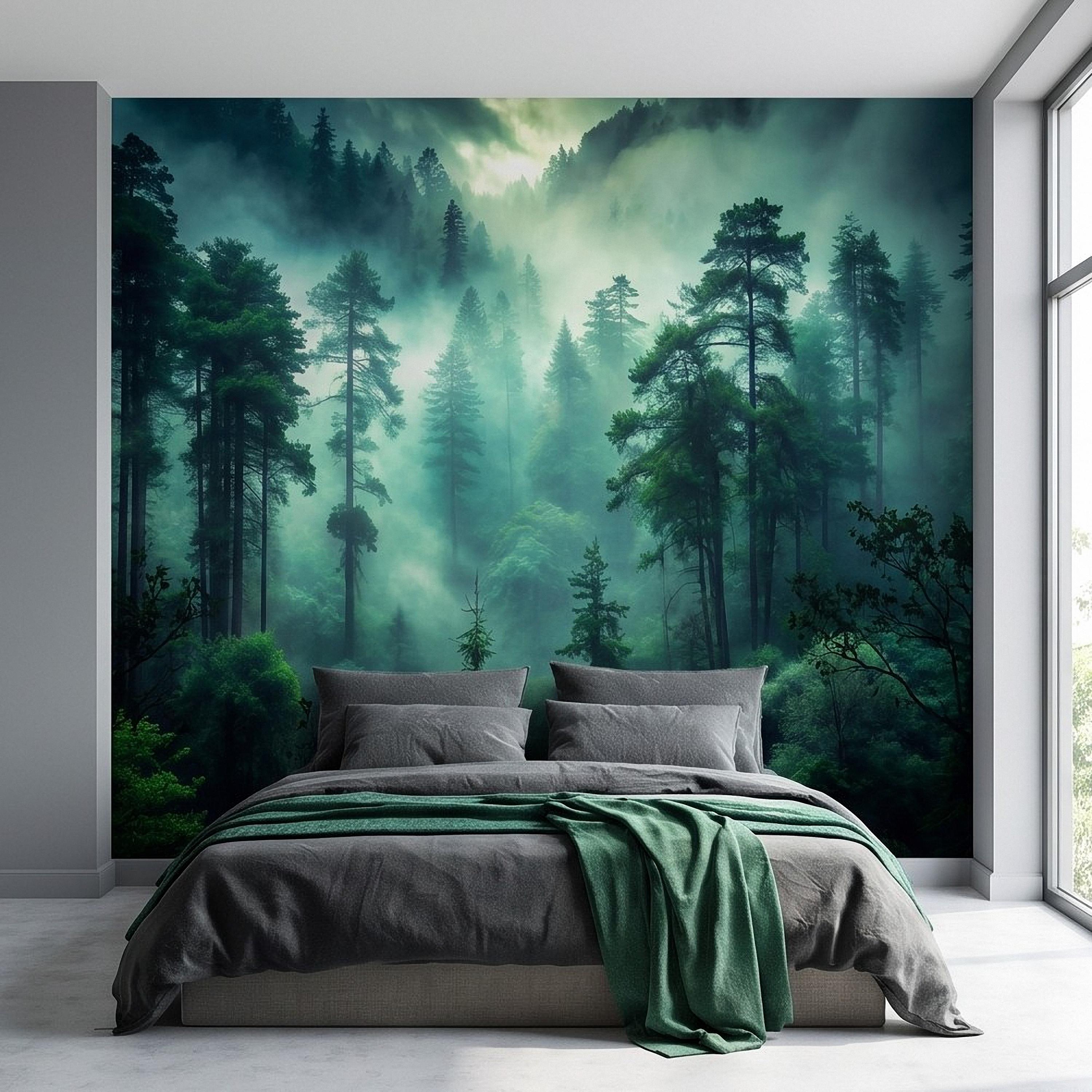 Misty Pine Forest Peel and Stick Wall Mural, Foggy Evergreen Woodland, Mountain Wilderness Scenery Nature Wallpaper