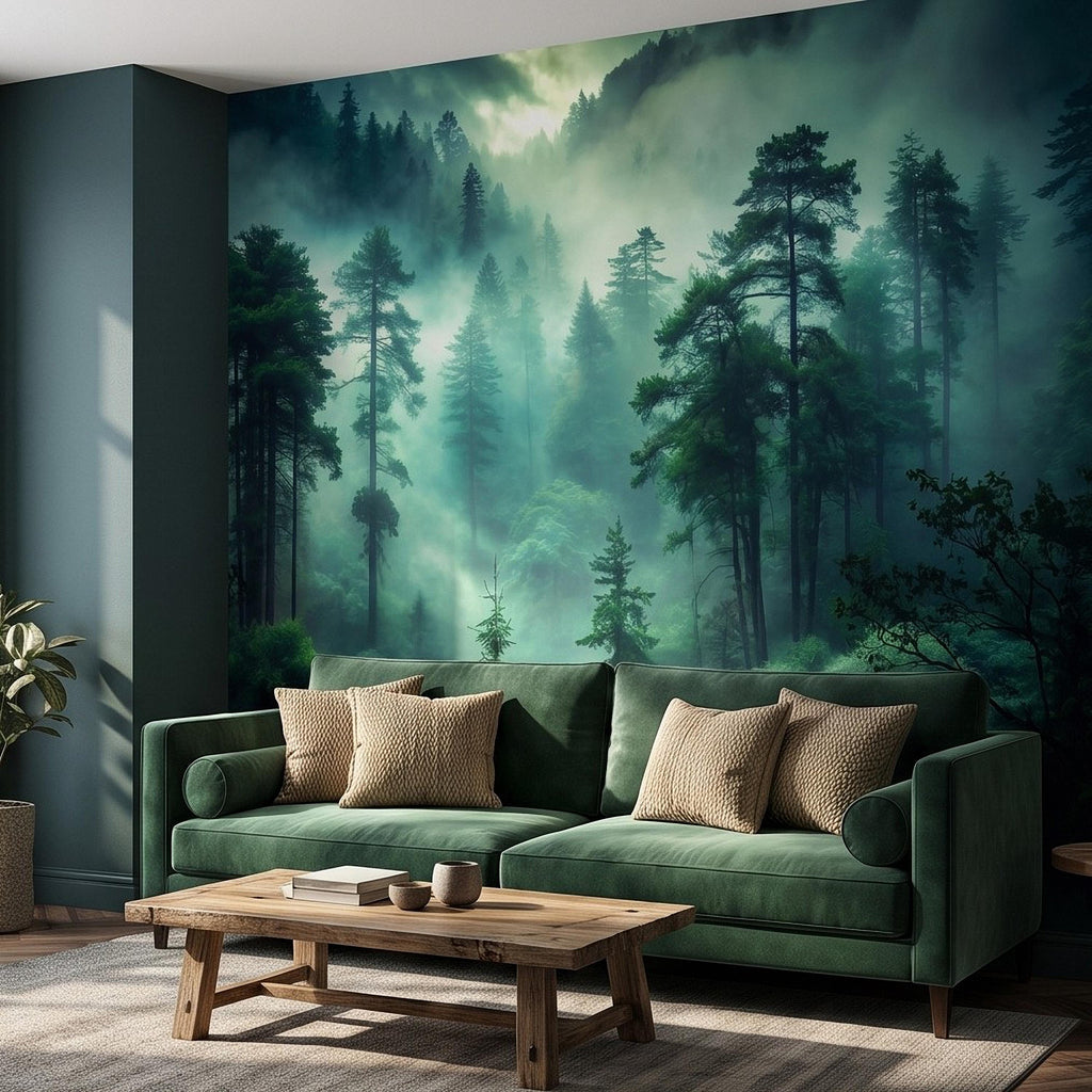 Misty Pine Forest Peel and Stick Wall Mural, Foggy Evergreen Woodland, Mountain Wilderness Scenery Nature Wallpaper