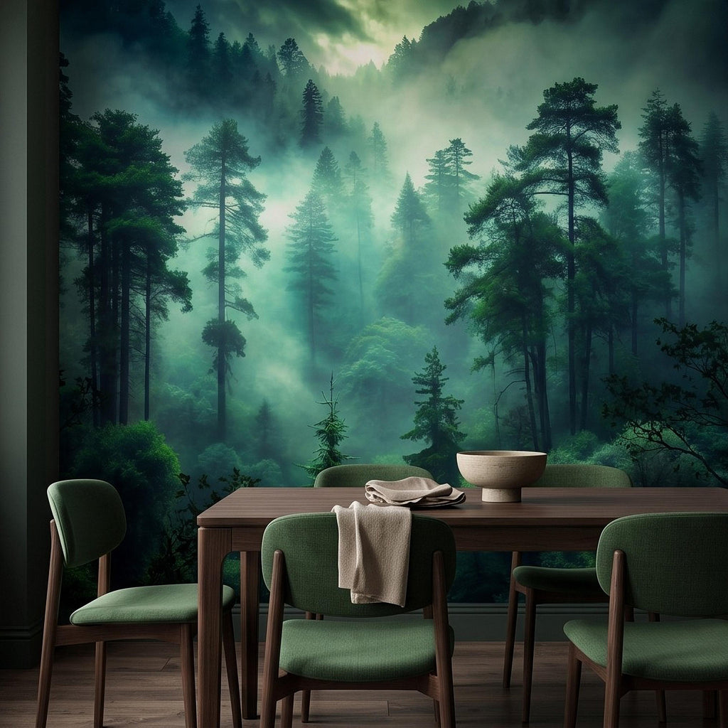 Misty Pine Forest Peel and Stick Wall Mural, Foggy Evergreen Woodland, Mountain Wilderness Scenery Nature Wallpaper