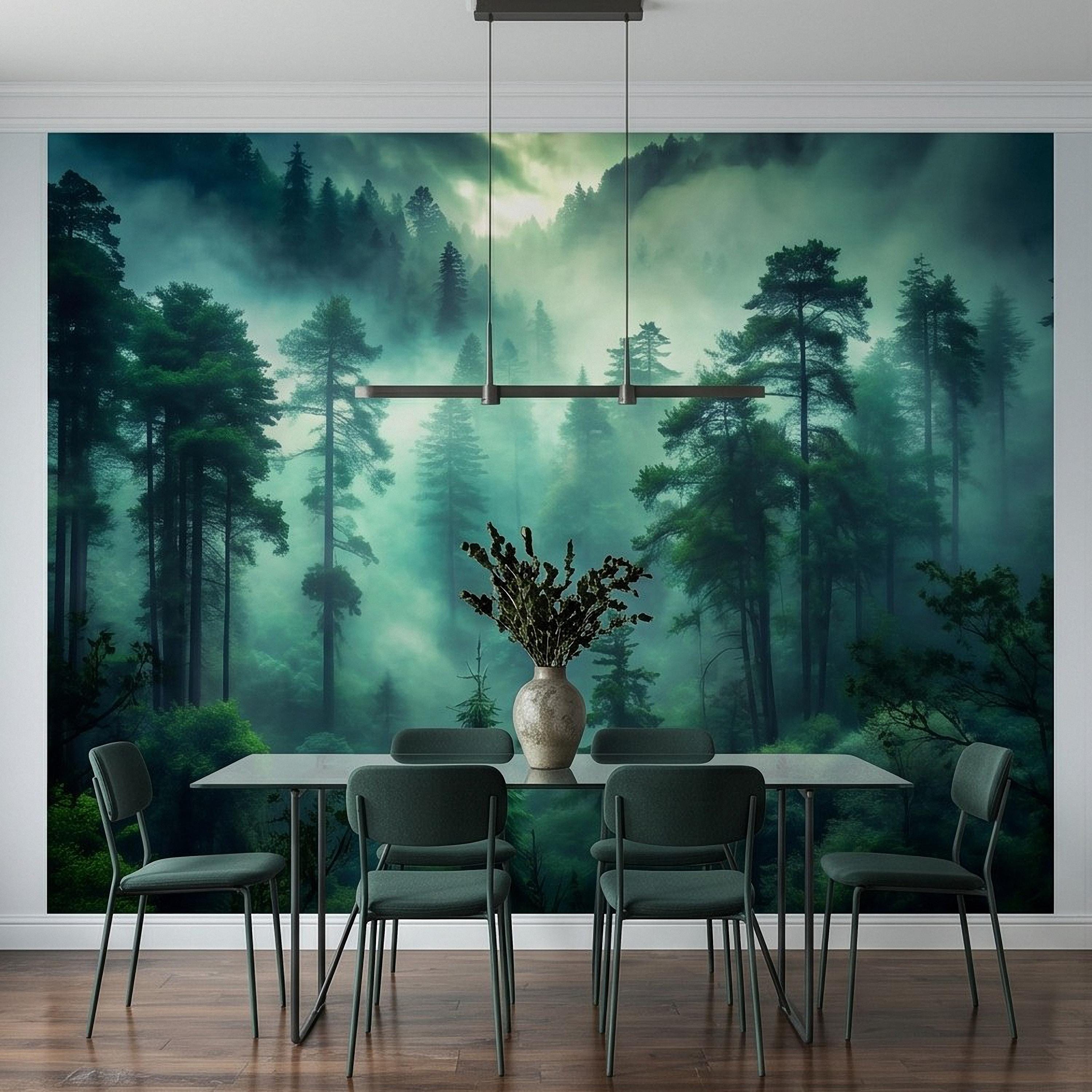 Misty Pine Forest Peel and Stick Wall Mural, Foggy Evergreen Woodland, Mountain Wilderness Scenery Nature Wallpaper