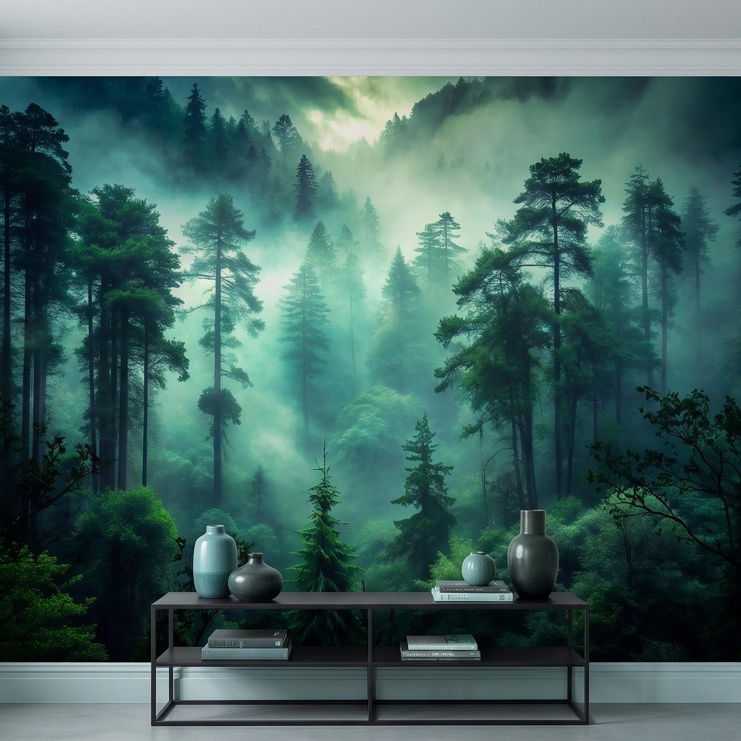 Misty Pine Forest Peel and Stick Wall Mural, Foggy Evergreen Woodland, Mountain Wilderness Scenery Nature Wallpaper