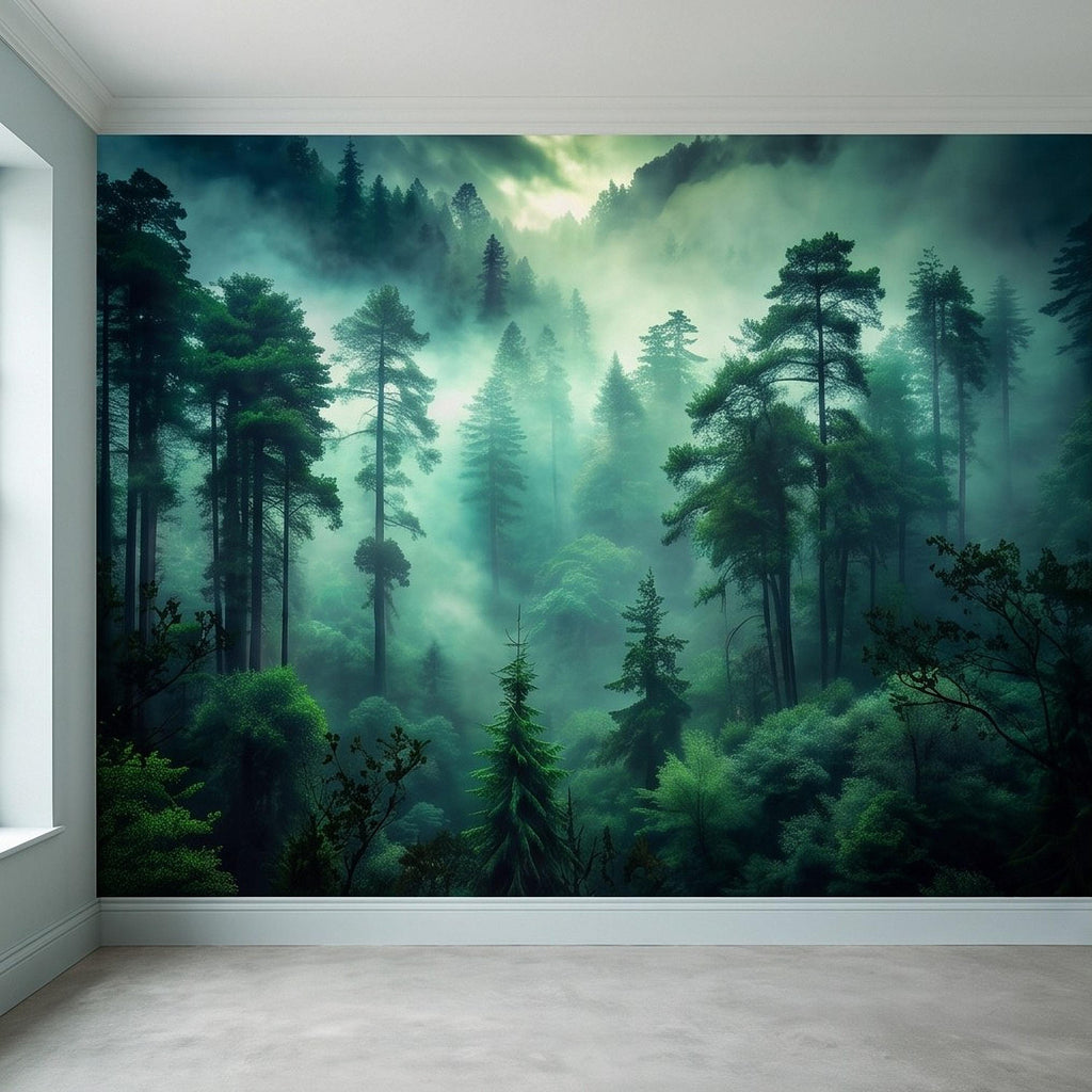 Misty Pine Forest Peel and Stick Wall Mural, Foggy Evergreen Woodland, Mountain Wilderness Scenery Nature Wallpaper
