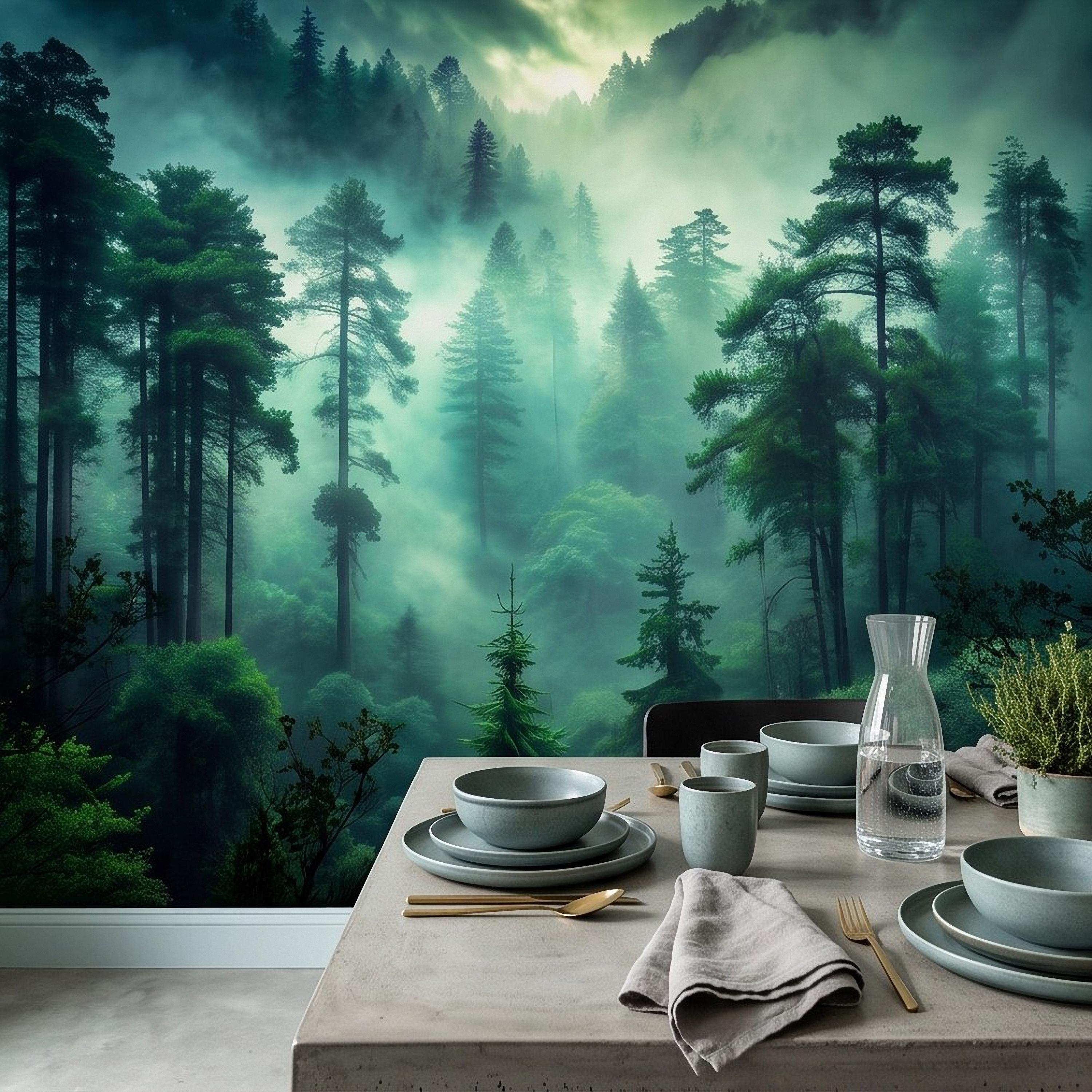 Misty Pine Forest Peel and Stick Wall Mural, Foggy Evergreen Woodland, Mountain Wilderness Scenery Nature Wallpaper