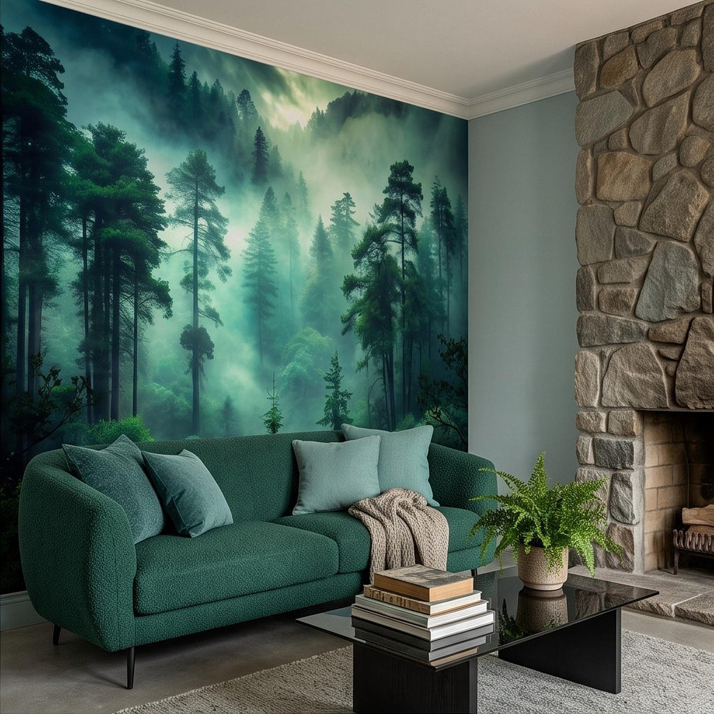 Misty Pine Forest Peel and Stick Wall Mural, Foggy Evergreen Woodland, Mountain Wilderness Scenery Nature Wallpaper