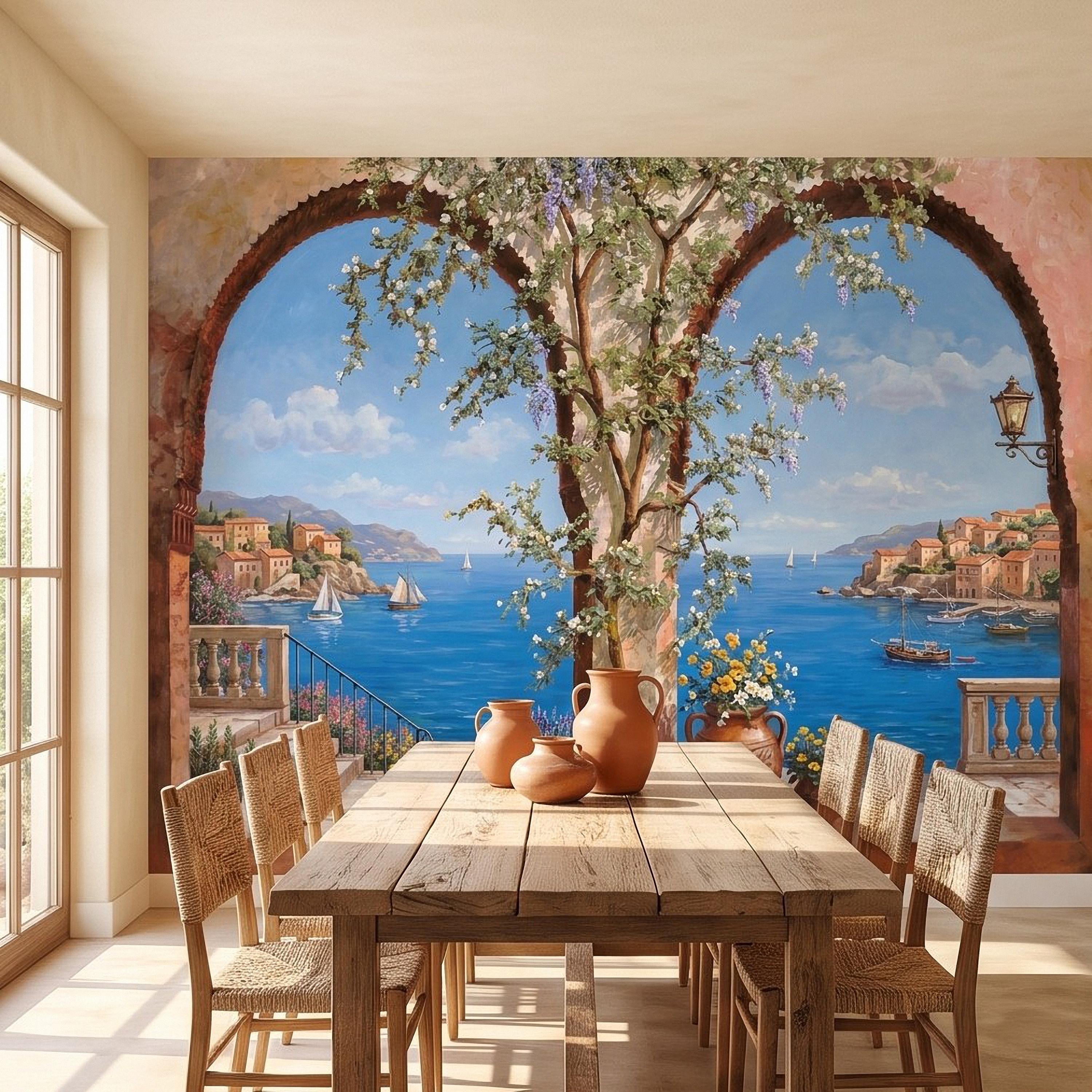 Mediterranean Coastal View Peel and Stick Wall Mural, Arched Terrace Window, Seaside Village Harbor, Sailboats and Blooming Vines Wallpaper