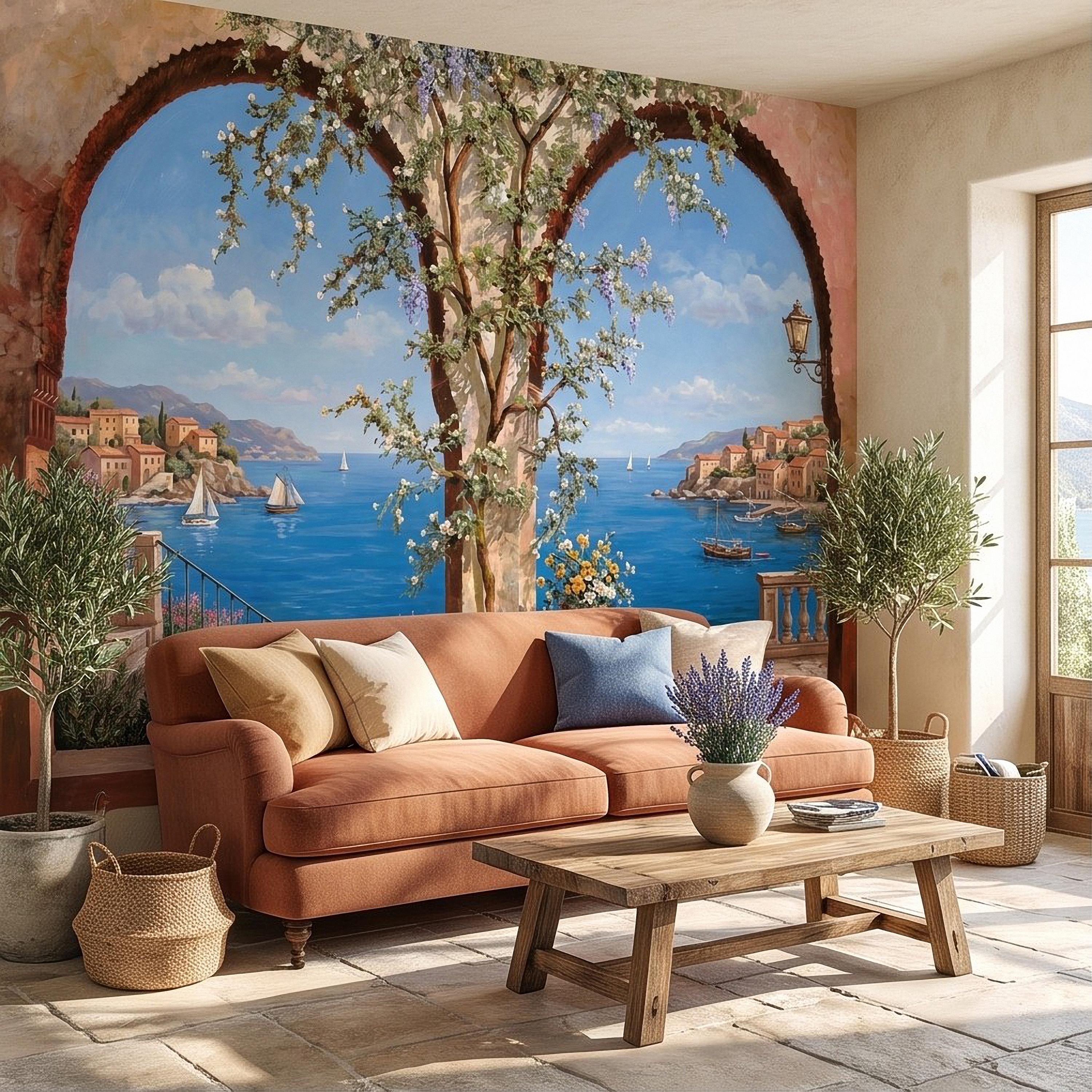 Mediterranean Coastal View Peel and Stick Wall Mural, Arched Terrace Window, Seaside Village Harbor, Sailboats and Blooming Vines Wallpaper