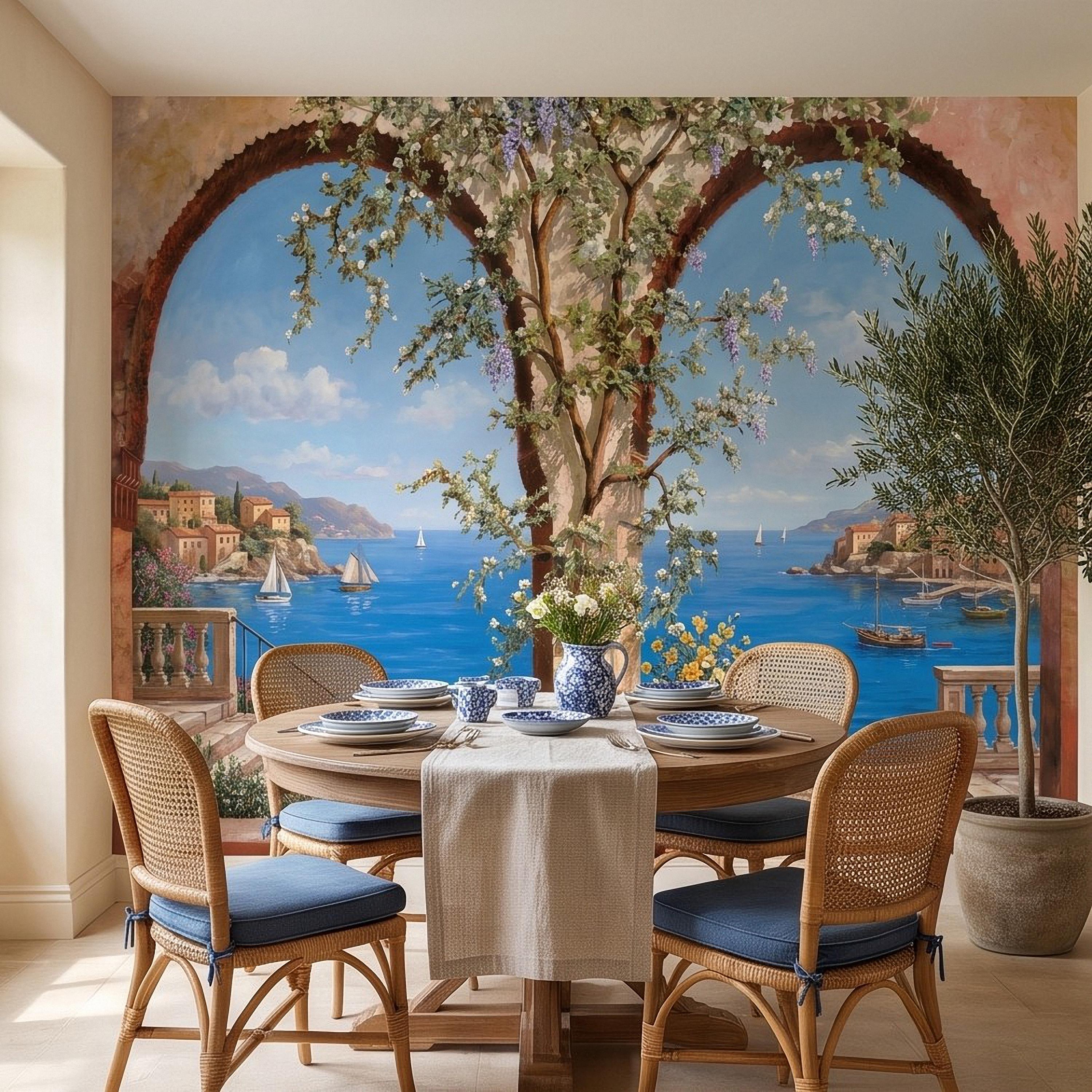 Mediterranean Coastal View Peel and Stick Wall Mural, Arched Terrace Window, Seaside Village Harbor, Sailboats and Blooming Vines Wallpaper