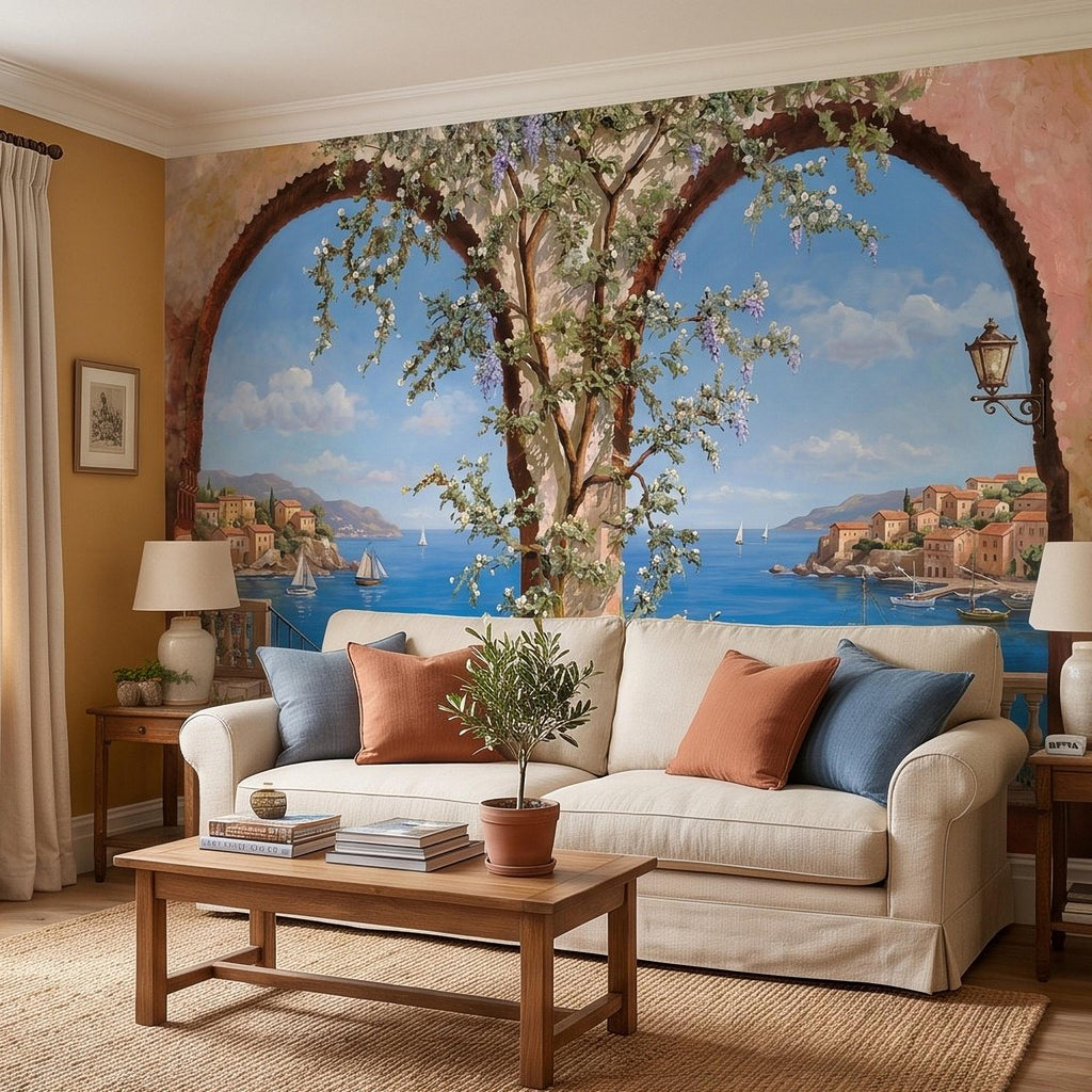 Mediterranean Coastal View Peel and Stick Wall Mural, Arched Terrace Window, Seaside Village Harbor, Sailboats and Blooming Vines Wallpaper
