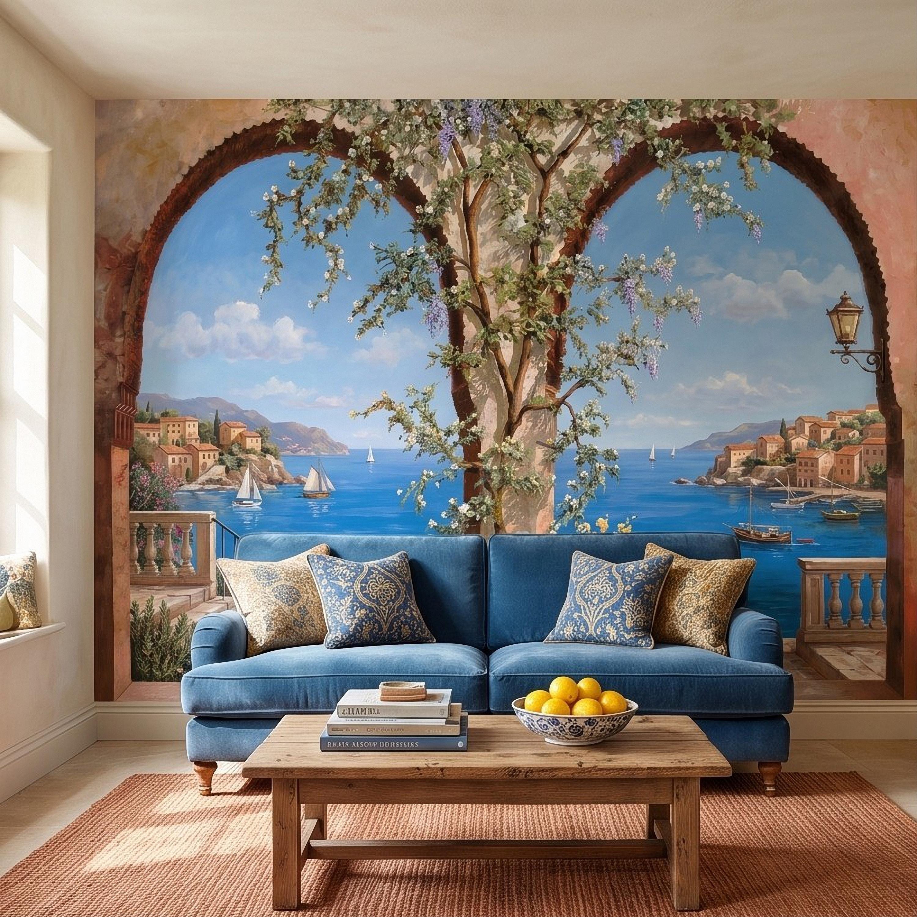 Mediterranean Coastal View Peel and Stick Wall Mural, Arched Terrace Window, Seaside Village Harbor, Sailboats and Blooming Vines Wallpaper