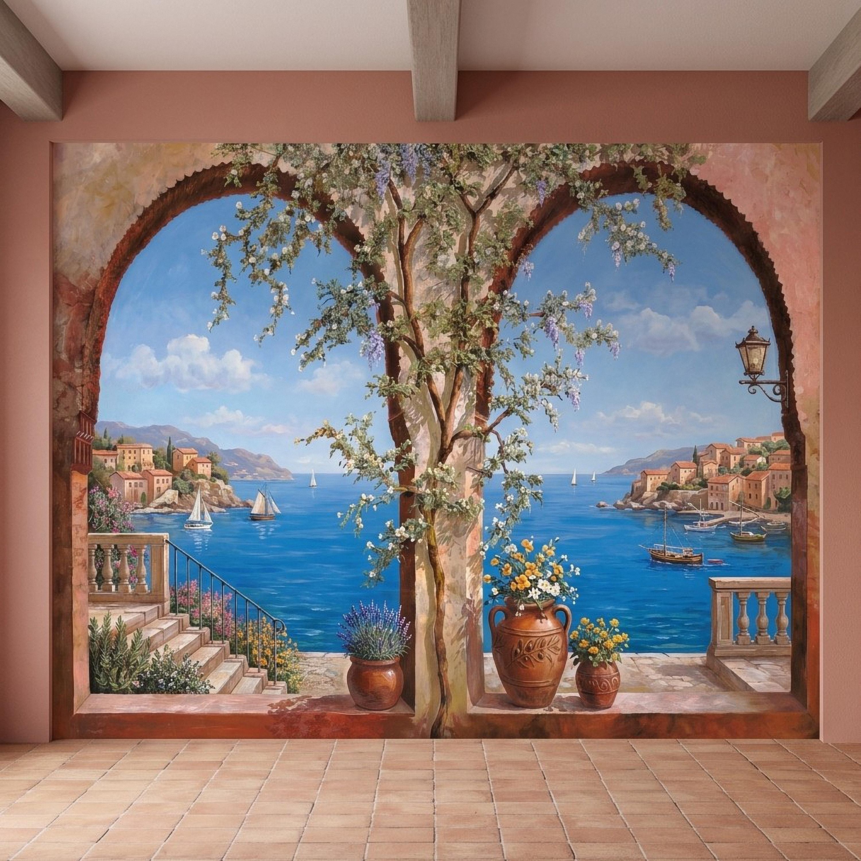 Mediterranean Coastal View Peel and Stick Wall Mural, Arched Terrace Window, Seaside Village Harbor, Sailboats and Blooming Vines Wallpaper