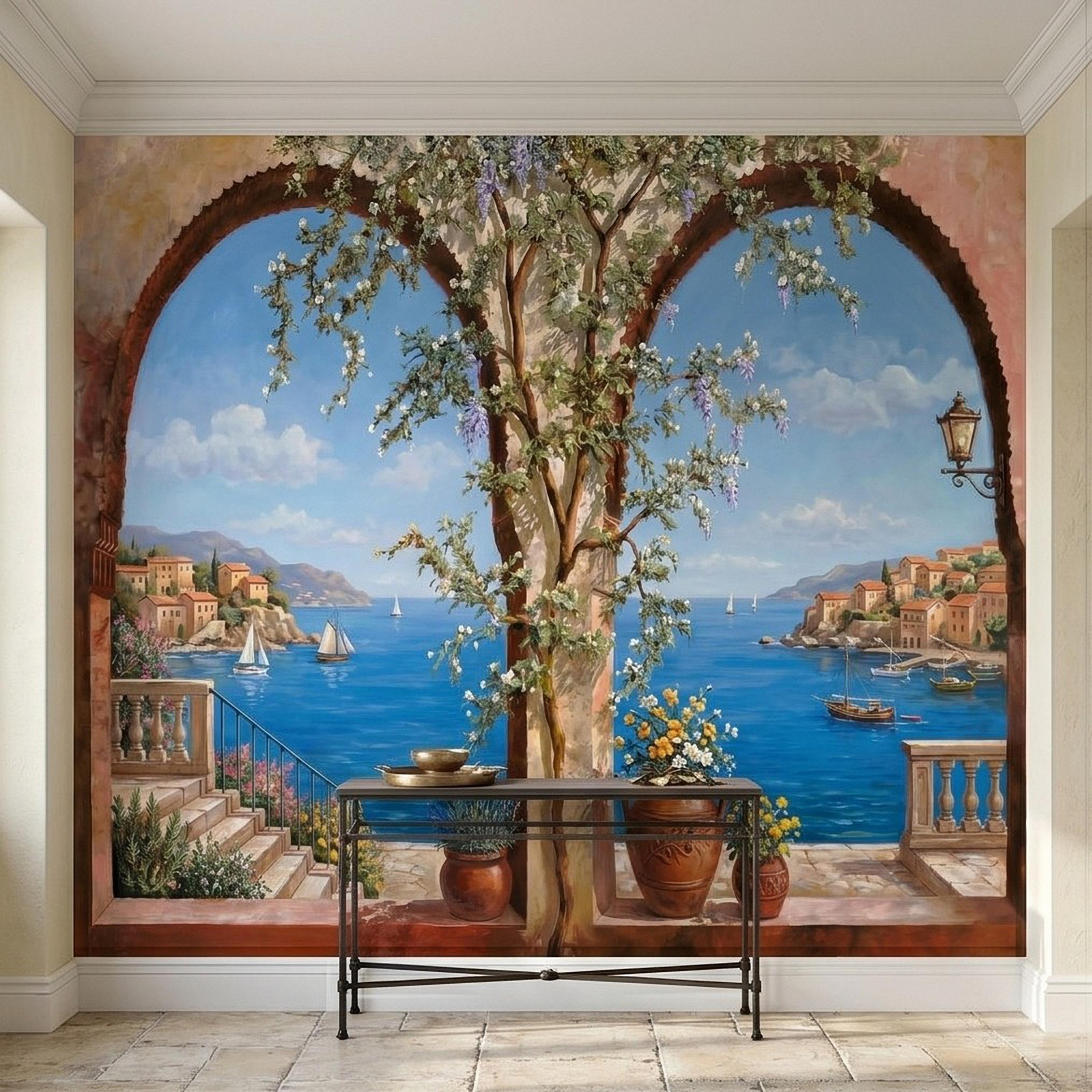 Mediterranean Coastal View Peel and Stick Wall Mural, Arched Terrace Window, Seaside Village Harbor, Sailboats and Blooming Vines Wallpaper