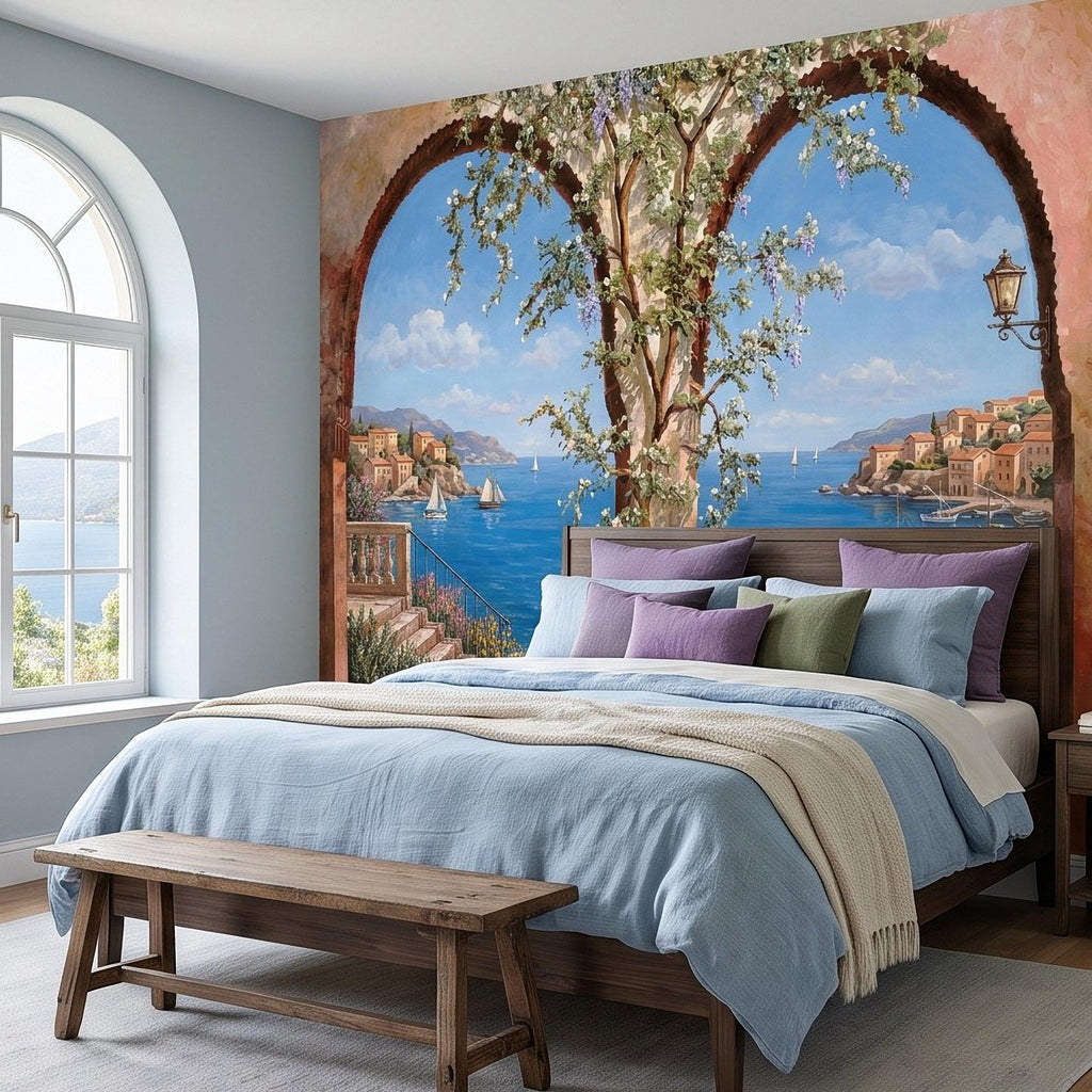 Mediterranean Coastal View Peel and Stick Wall Mural, Arched Terrace Window, Seaside Village Harbor, Sailboats and Blooming Vines Wallpaper