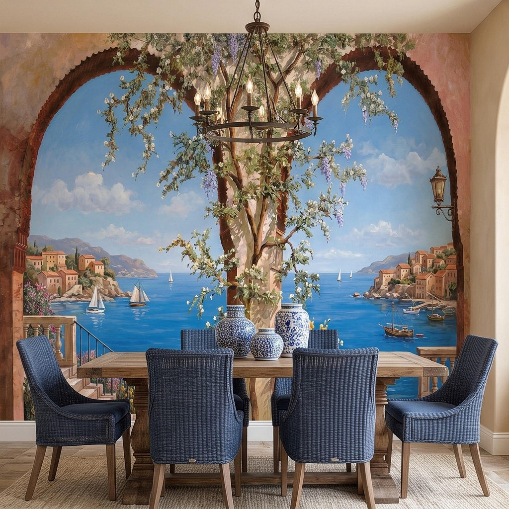 Mediterranean Coastal View Peel and Stick Wall Mural, Arched Terrace Window, Seaside Village Harbor, Sailboats and Blooming Vines Wallpaper
