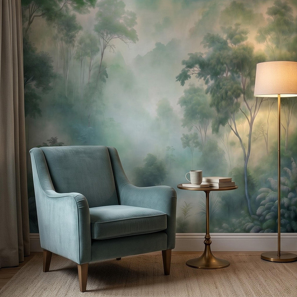 Misty Tropical Forest Peel and Stick Wall Mural, Foggy Jungle Landscape, Lush Green Trees Nature Wallpaper
