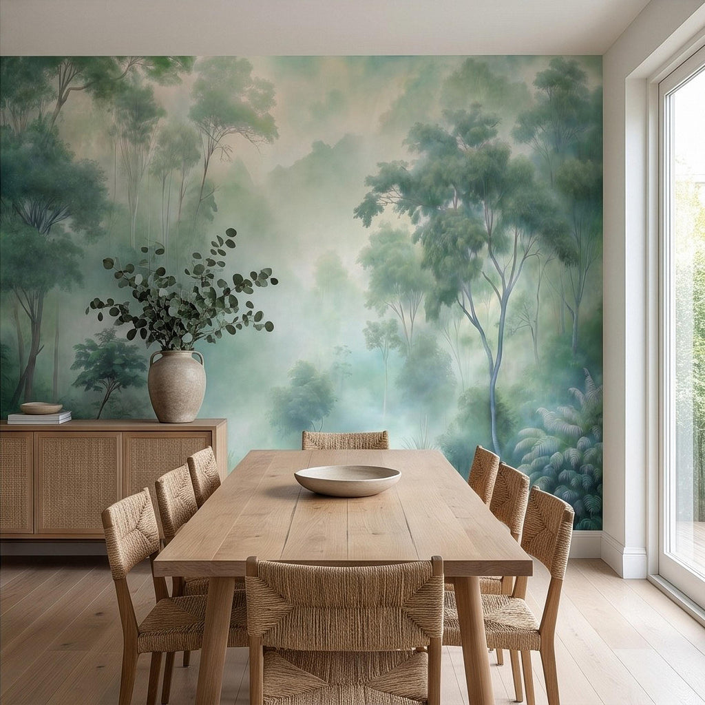 Misty Tropical Forest Peel and Stick Wall Mural, Foggy Jungle Landscape, Lush Green Trees Nature Wallpaper