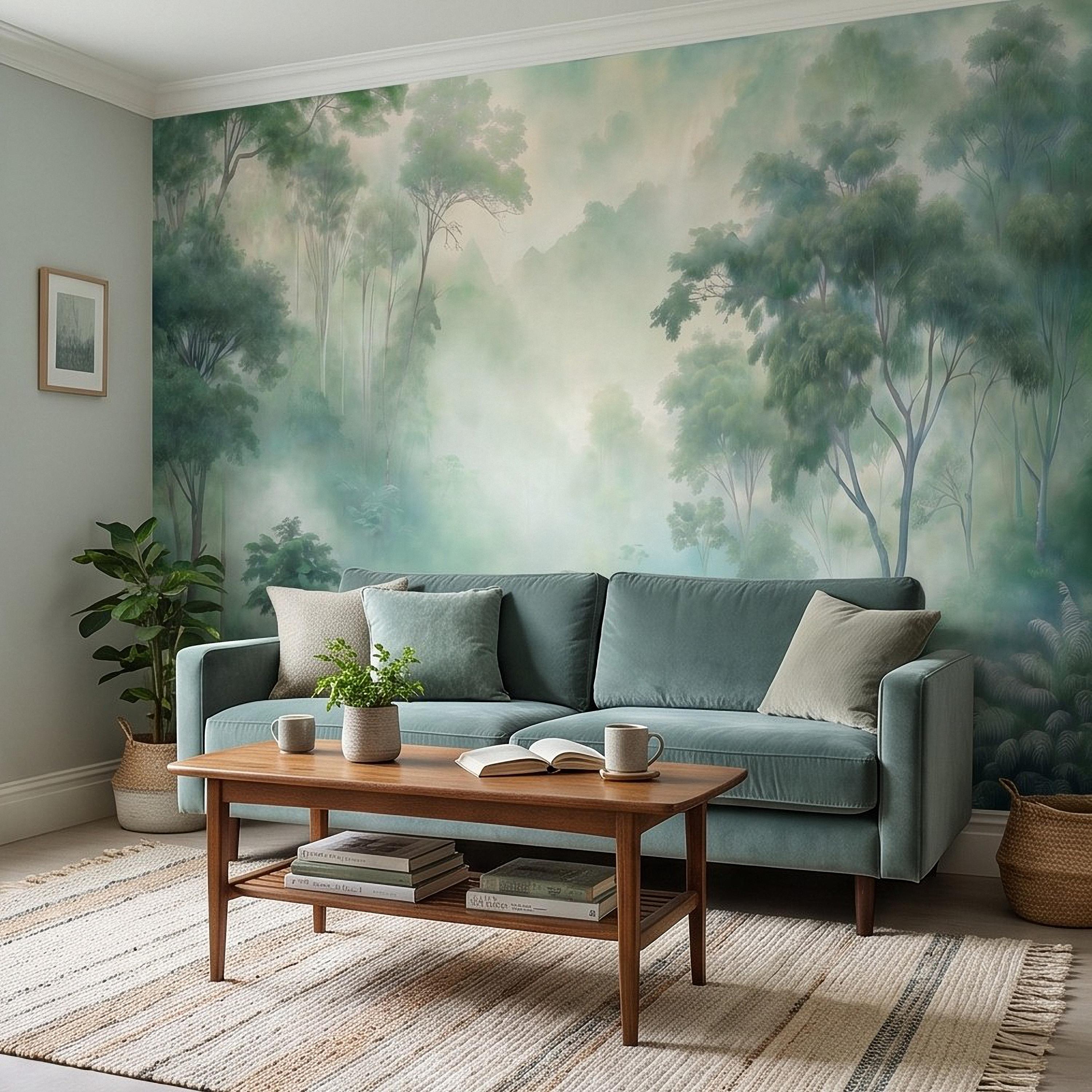 Misty Tropical Forest Peel and Stick Wall Mural, Foggy Jungle Landscape, Lush Green Trees Nature Wallpaper