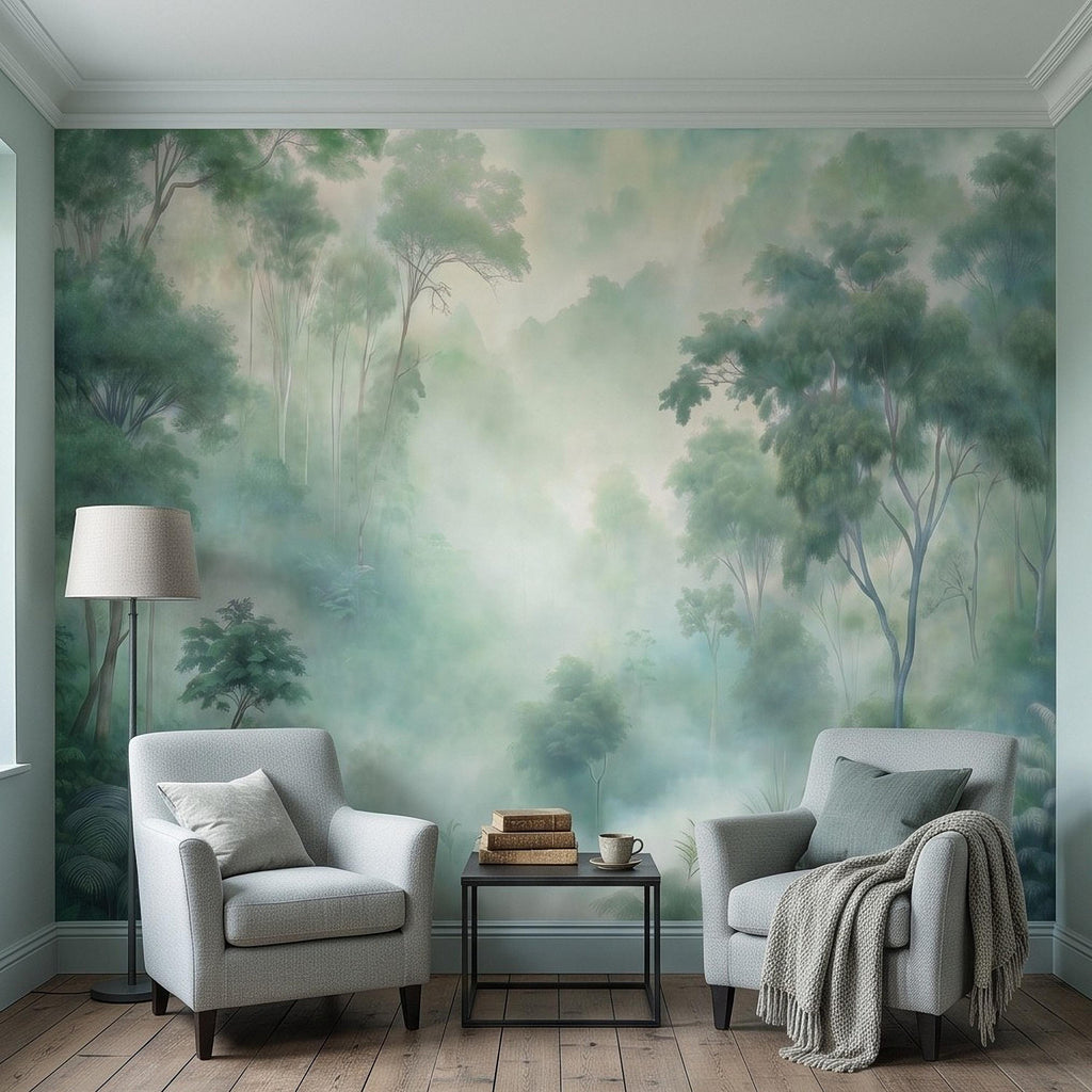 Misty Tropical Forest Peel and Stick Wall Mural, Foggy Jungle Landscape, Lush Green Trees Nature Wallpaper