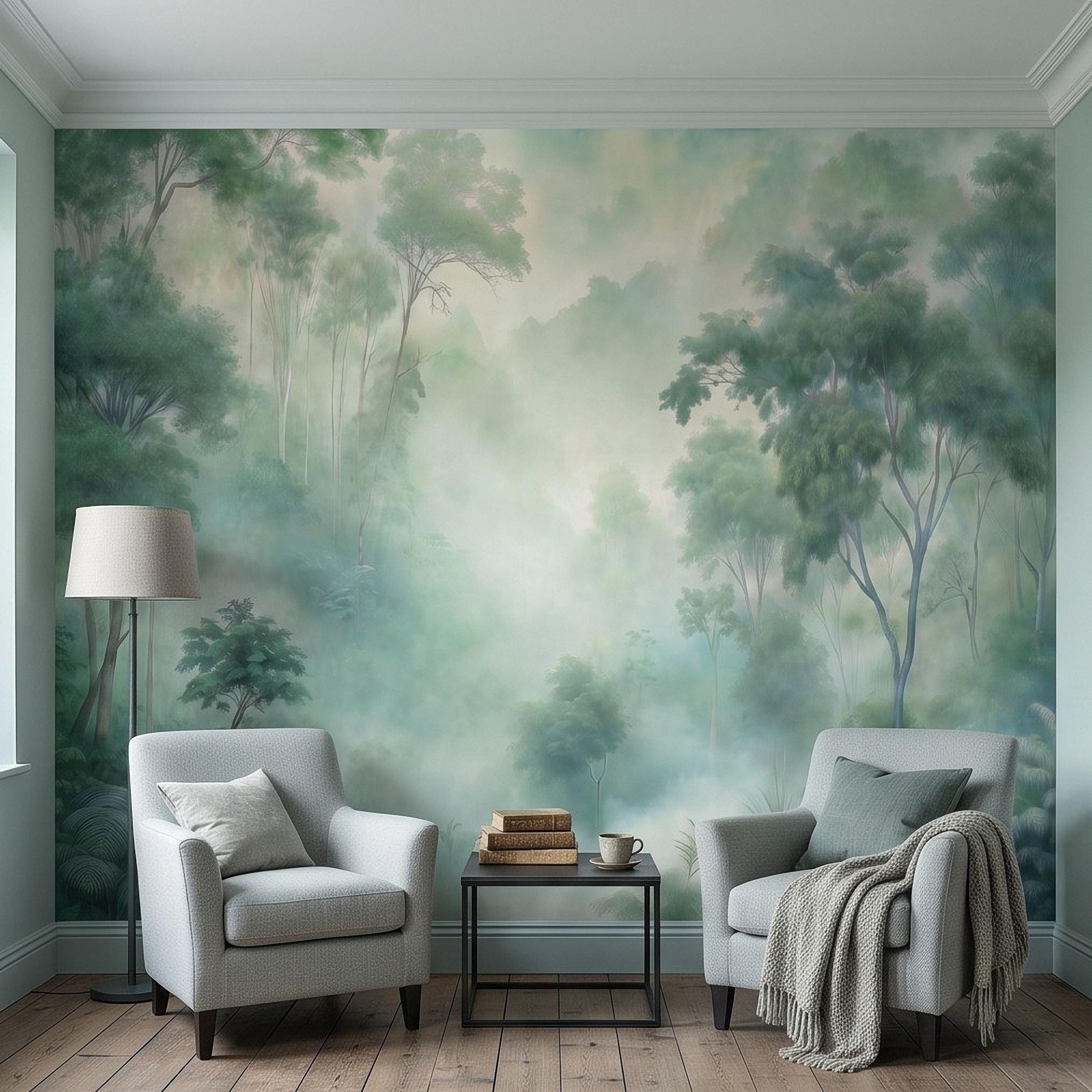 Misty Tropical Forest Peel and Stick Wall Mural, Foggy Jungle Landscape, Lush Green Trees Nature Wallpaper