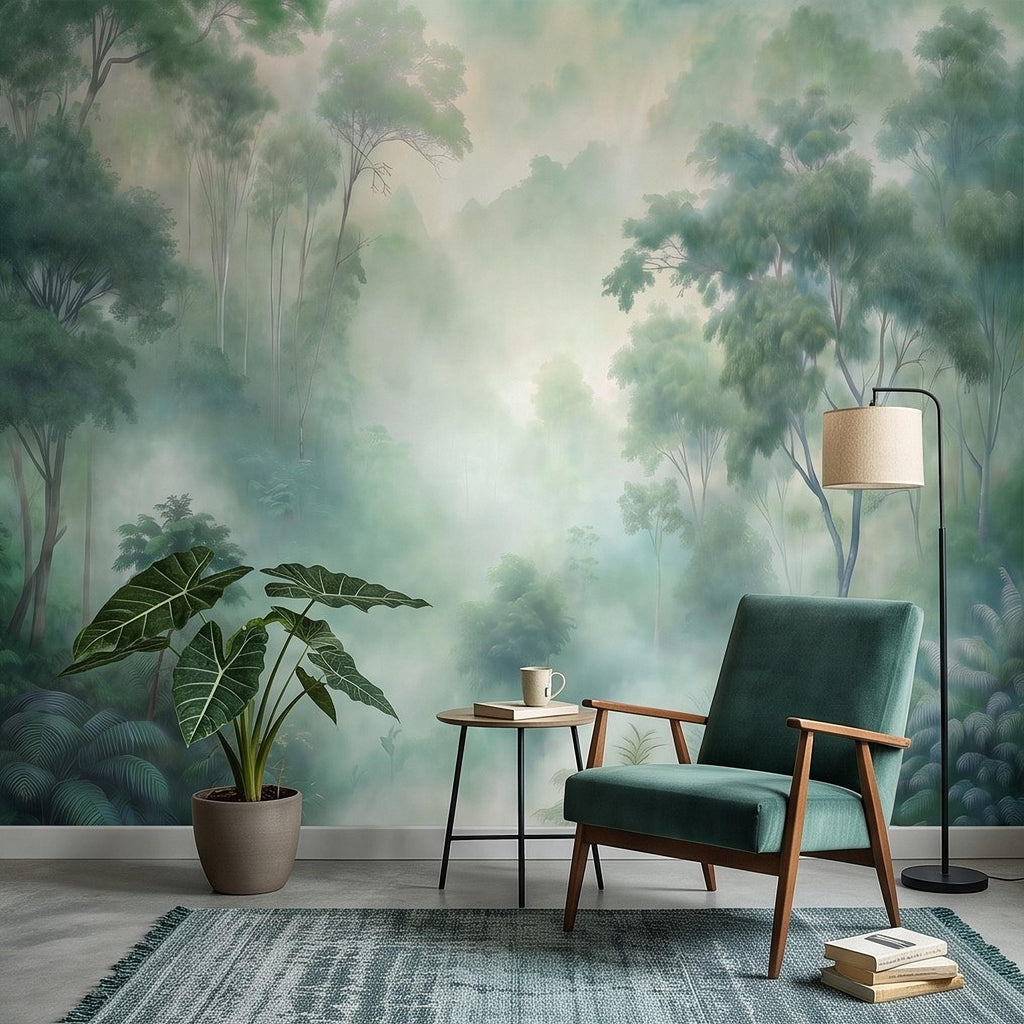 Misty Tropical Forest Peel and Stick Wall Mural, Foggy Jungle Landscape, Lush Green Trees Nature Wallpaper