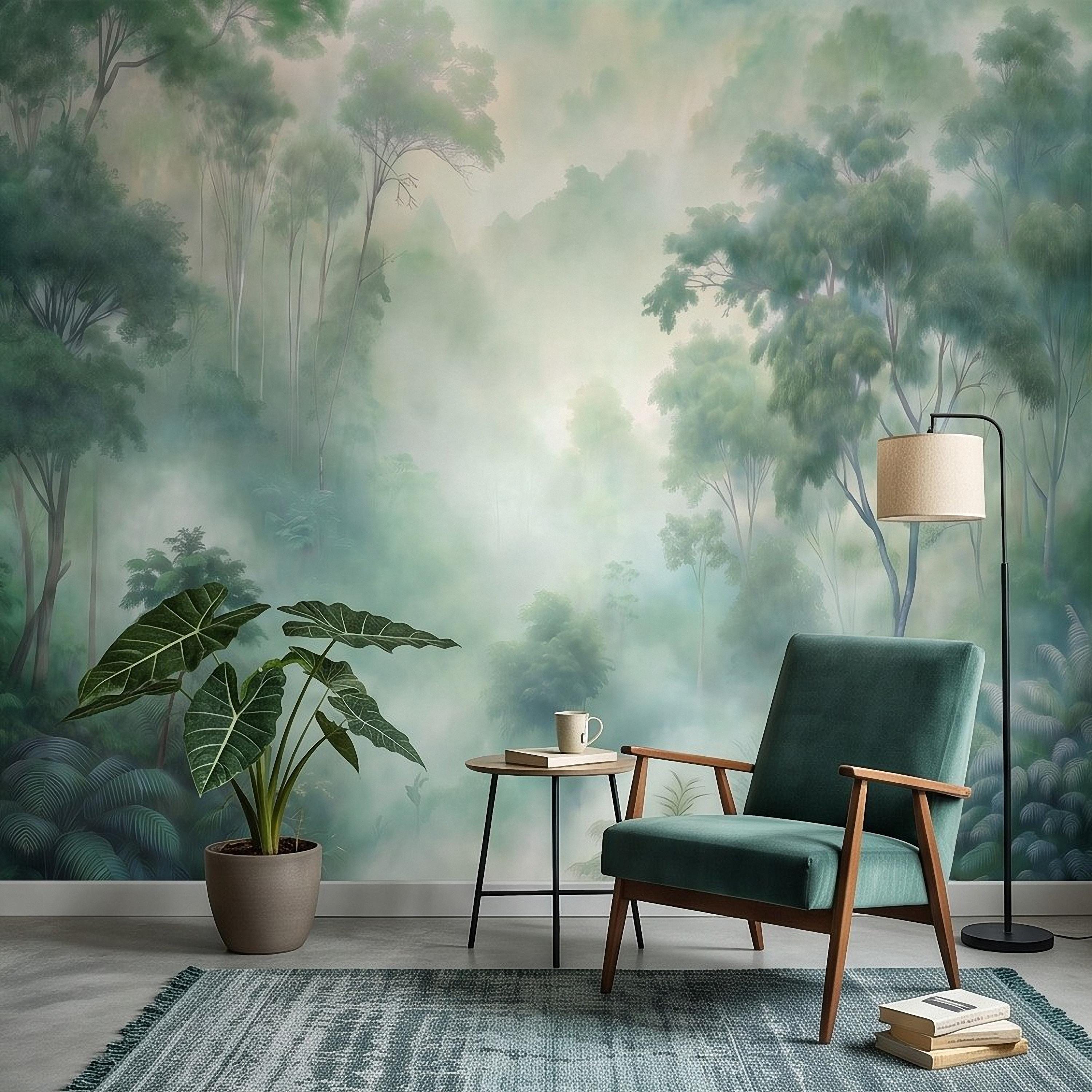 Misty Tropical Forest Peel and Stick Wall Mural, Foggy Jungle Landscape, Lush Green Trees Nature Wallpaper