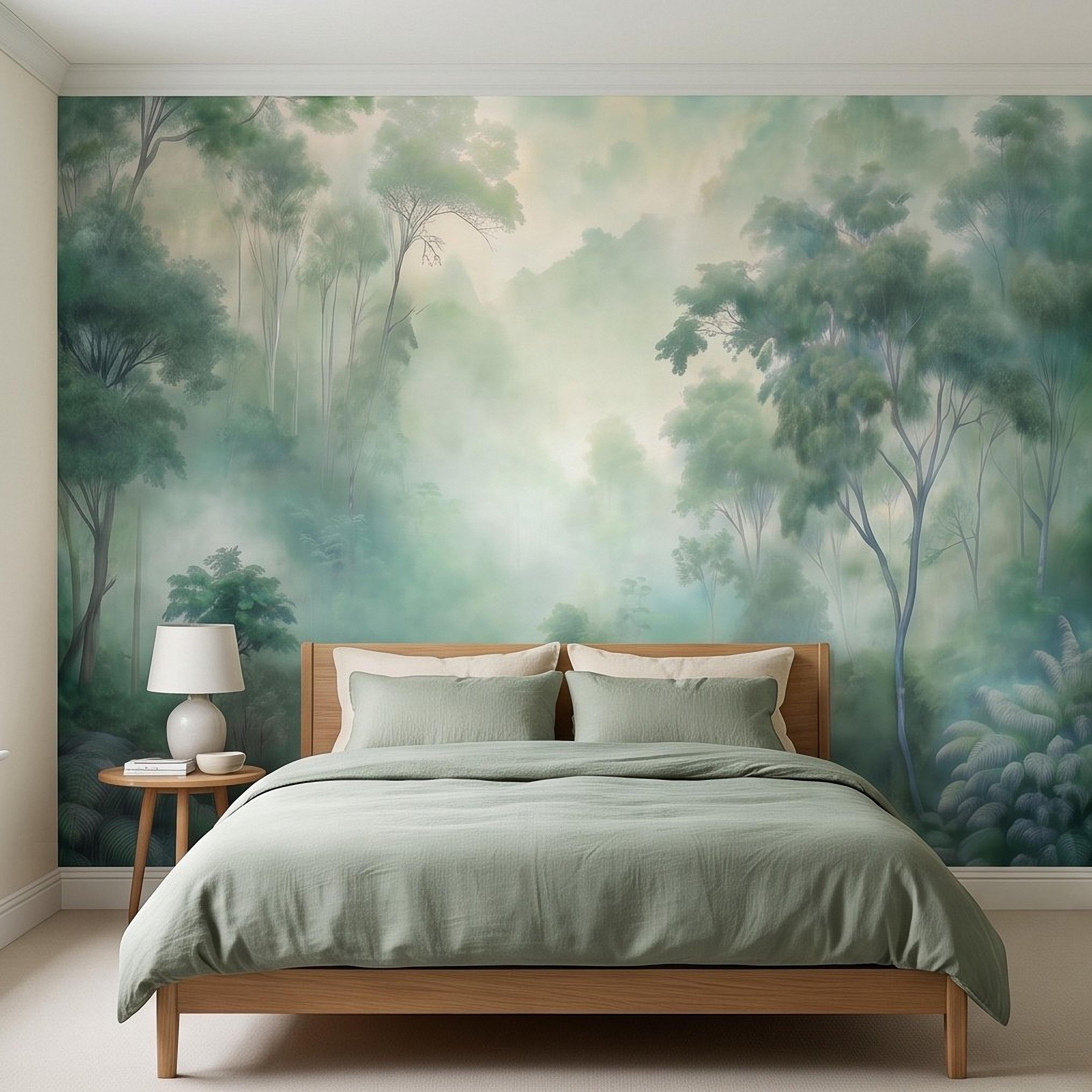 Misty Tropical Forest Peel and Stick Wall Mural, Foggy Jungle Landscape, Lush Green Trees Nature Wallpaper