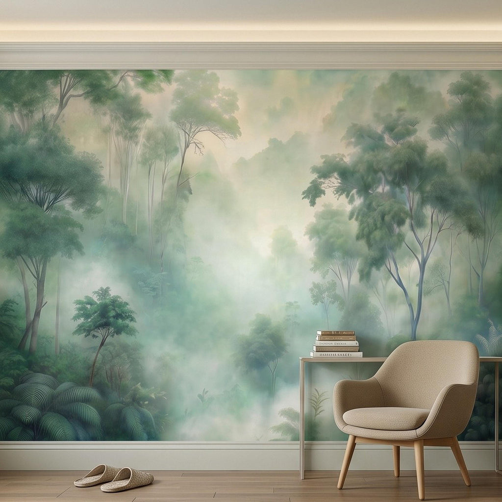 Misty Tropical Forest Peel and Stick Wall Mural, Foggy Jungle Landscape, Lush Green Trees Nature Wallpaper