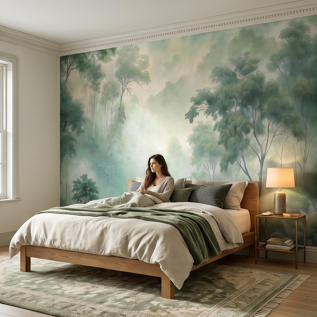 Misty Tropical Forest Peel and Stick Wall Mural, Foggy Jungle Landscape, Lush Green Trees Nature Wallpaper
