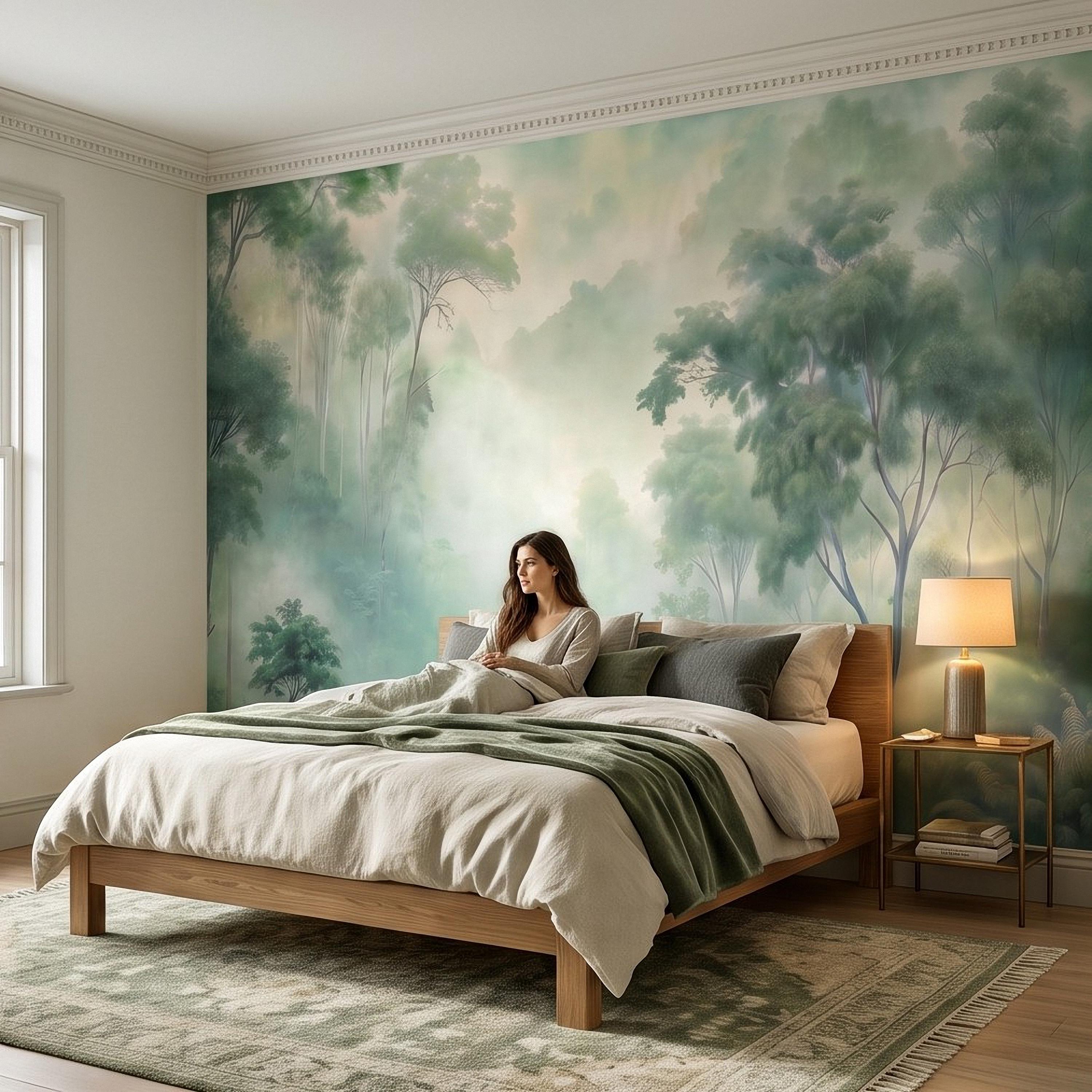 Misty Tropical Forest Peel and Stick Wall Mural, Foggy Jungle Landscape, Lush Green Trees Nature Wallpaper