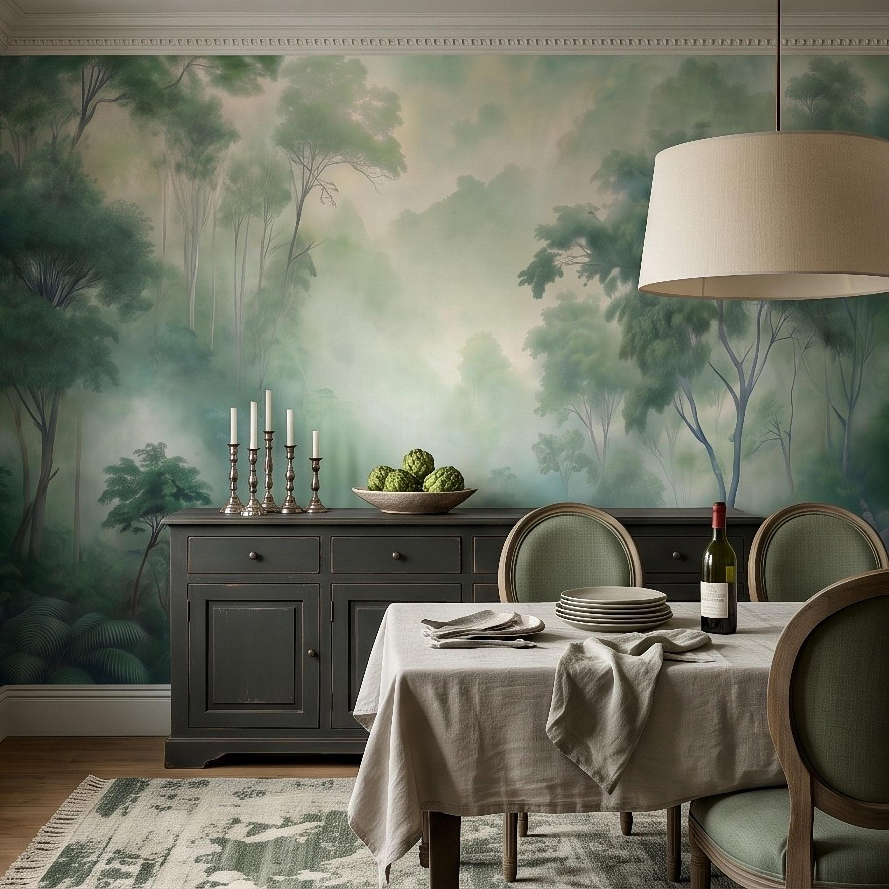 Misty Tropical Forest Peel and Stick Wall Mural, Foggy Jungle Landscape, Lush Green Trees Nature Wallpaper