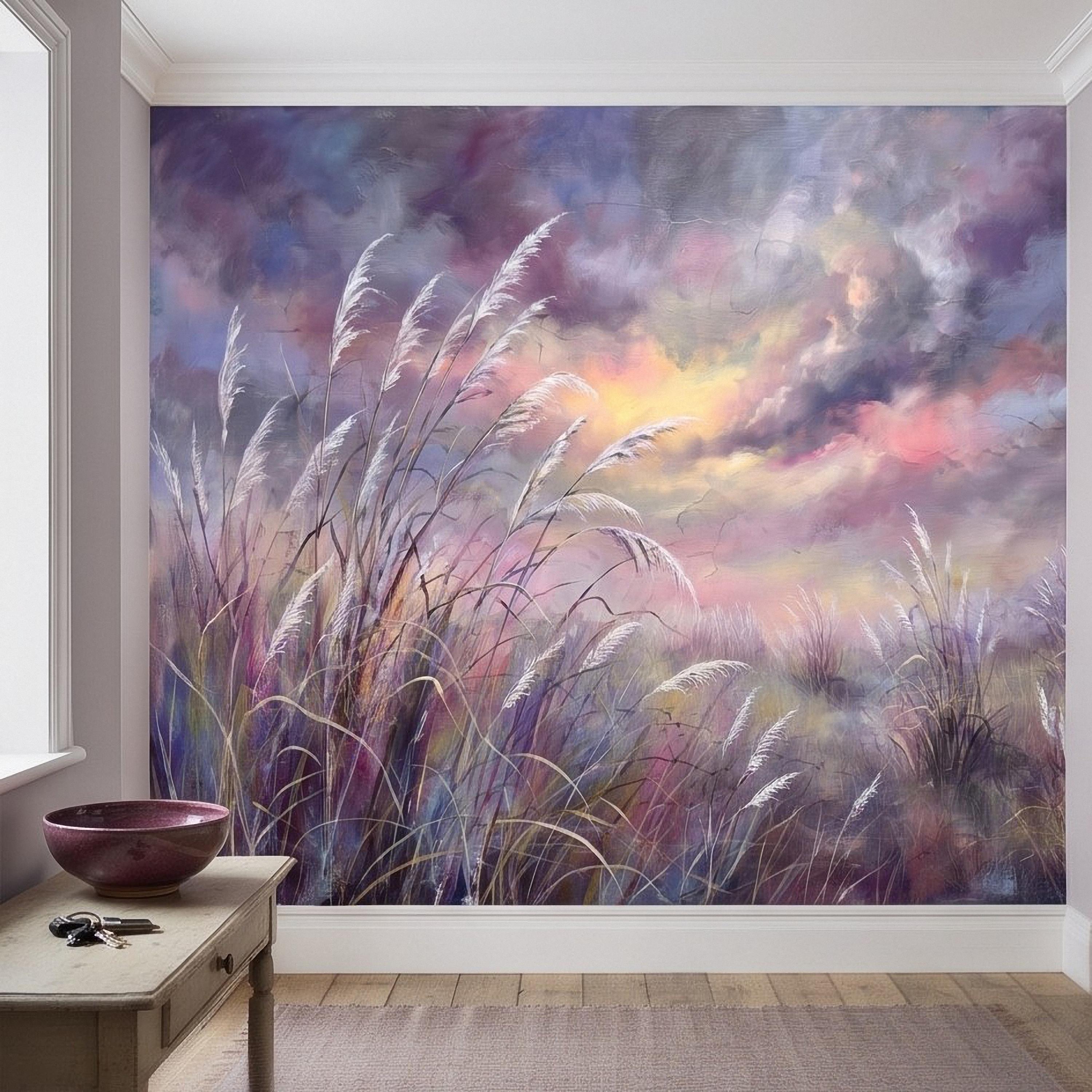 Pampas Grass Peel and Stick Wall Mural, Painterly Sunset Meadow, Dreamy Wild Reed Field, Impressionist Nature Wallpaper