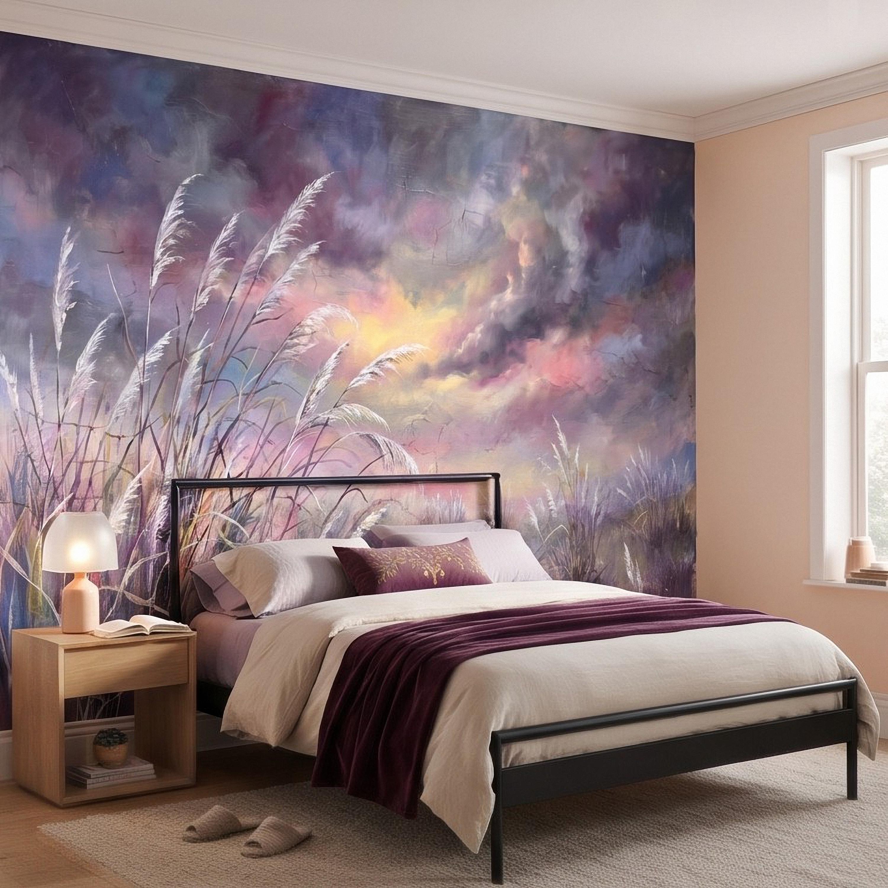 Pampas Grass Peel and Stick Wall Mural, Painterly Sunset Meadow, Dreamy Wild Reed Field, Impressionist Nature Wallpaper