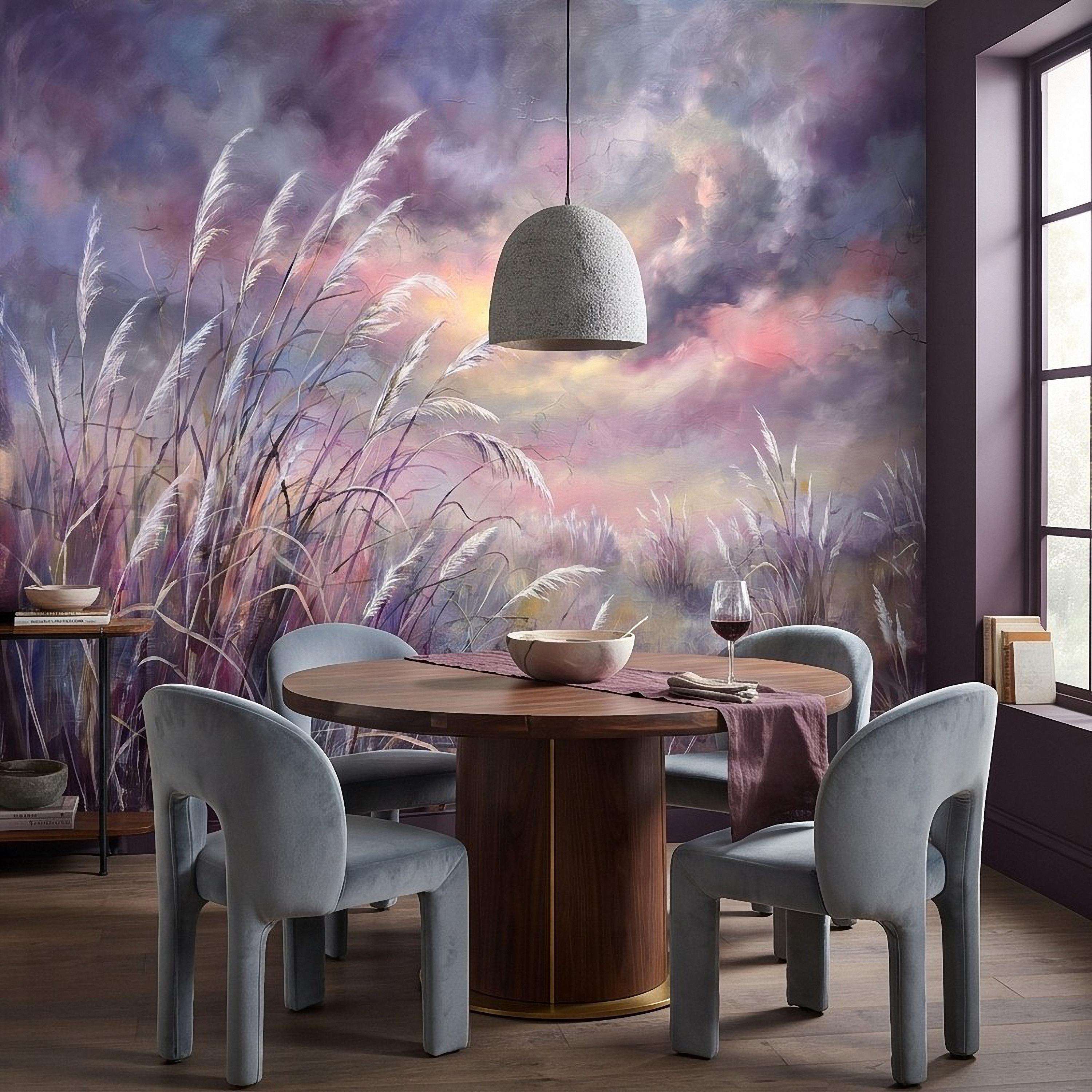 Pampas Grass Peel and Stick Wall Mural, Painterly Sunset Meadow, Dreamy Wild Reed Field, Impressionist Nature Wallpaper