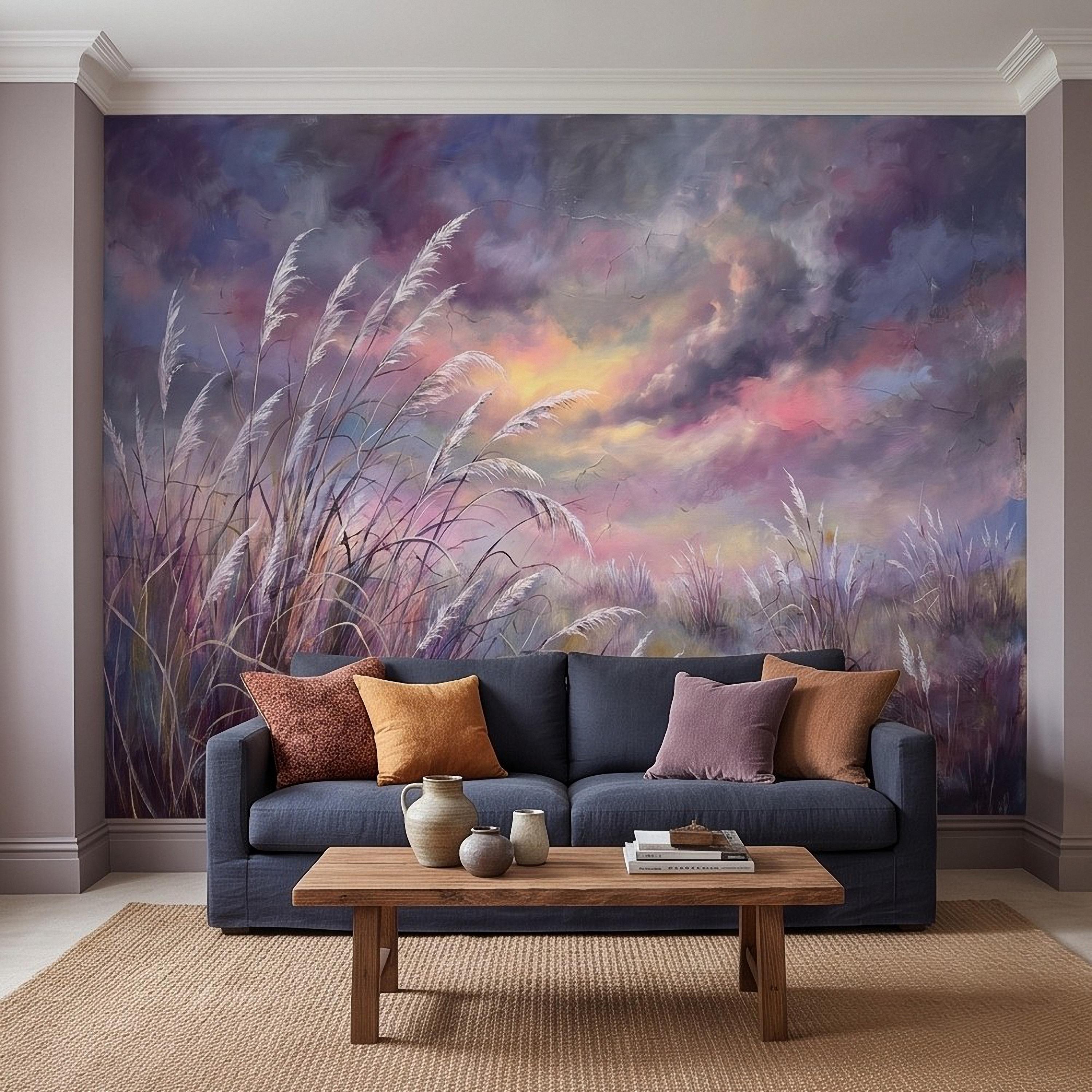 Pampas Grass Peel and Stick Wall Mural, Painterly Sunset Meadow, Dreamy Wild Reed Field, Impressionist Nature Wallpaper