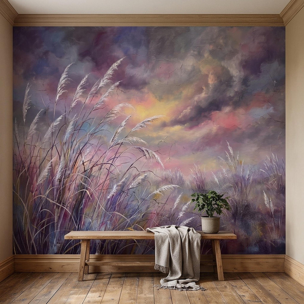 Pampas Grass Peel and Stick Wall Mural, Painterly Sunset Meadow, Dreamy Wild Reed Field, Impressionist Nature Wallpaper