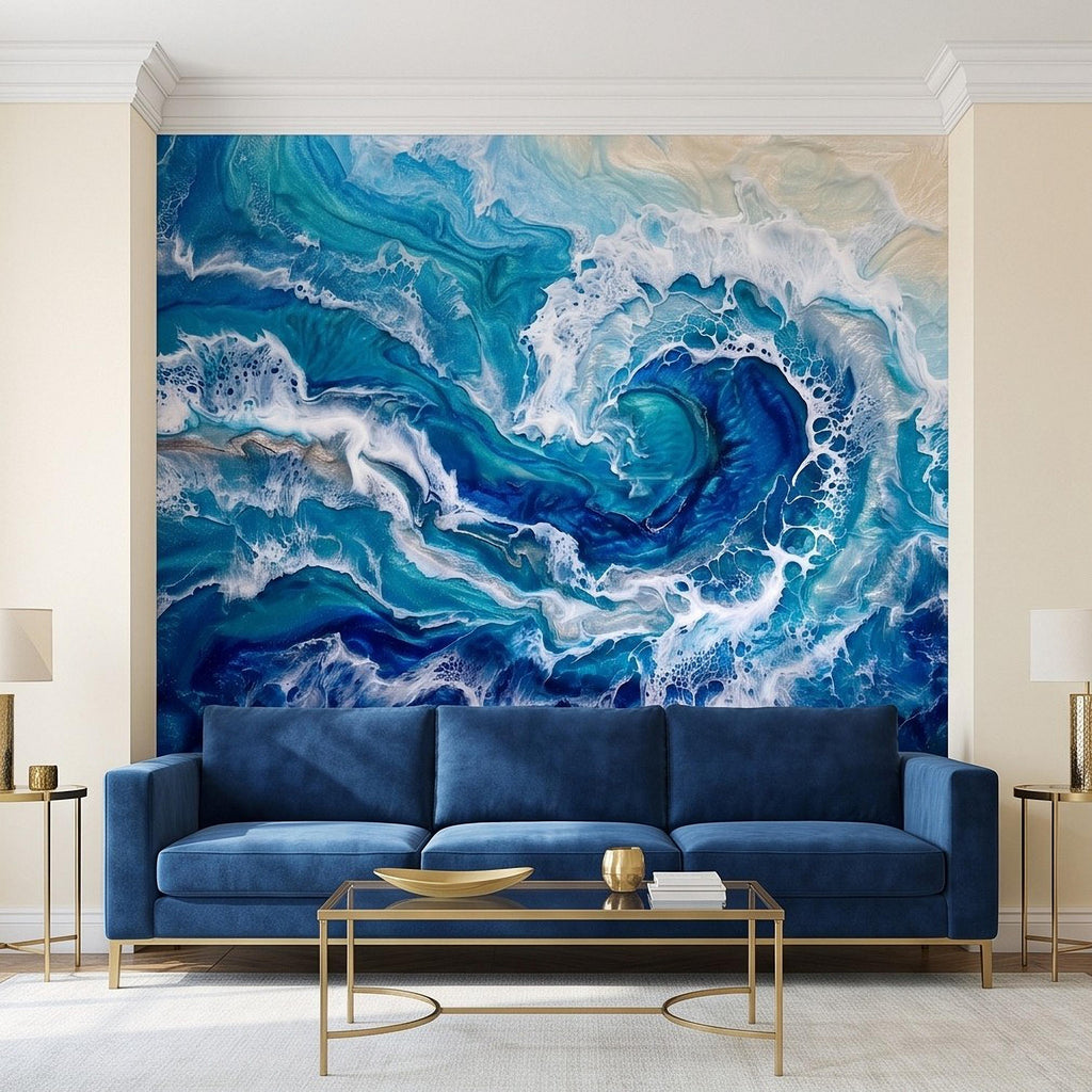 Ocean Wave Peel and Stick Wall Mural, Abstract Resin Seascape, Turquoise Coastal Water, Foaming Sea Waves Wallpaper