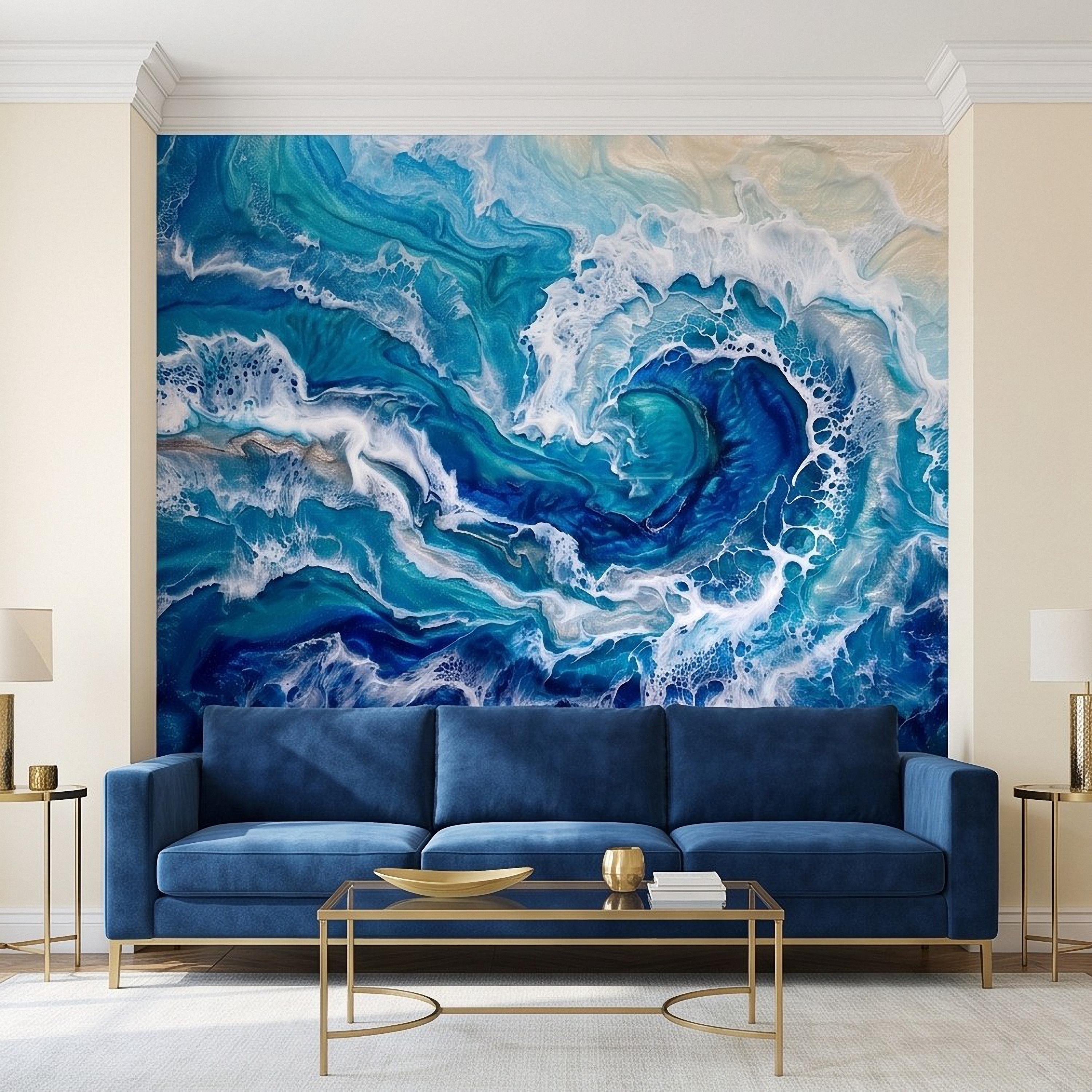 Ocean Wave Peel and Stick Wall Mural, Abstract Resin Seascape, Turquoise Coastal Water, Foaming Sea Waves Wallpaper