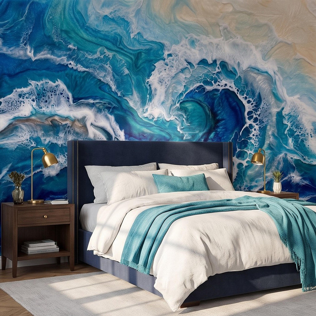 Ocean Wave Peel and Stick Wall Mural, Abstract Resin Seascape, Turquoise Coastal Water, Foaming Sea Waves Wallpaper