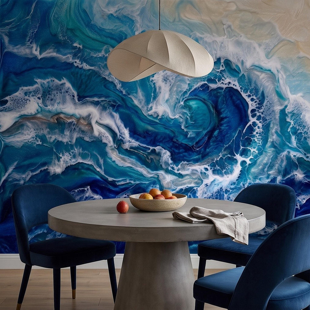 Ocean Wave Peel and Stick Wall Mural, Abstract Resin Seascape, Turquoise Coastal Water, Foaming Sea Waves Wallpaper