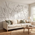 Botanical Plaster Relief Peel and Stick Wall Mural, Wildflowers and Meadow Grasses Textured Floral Wallpaper
