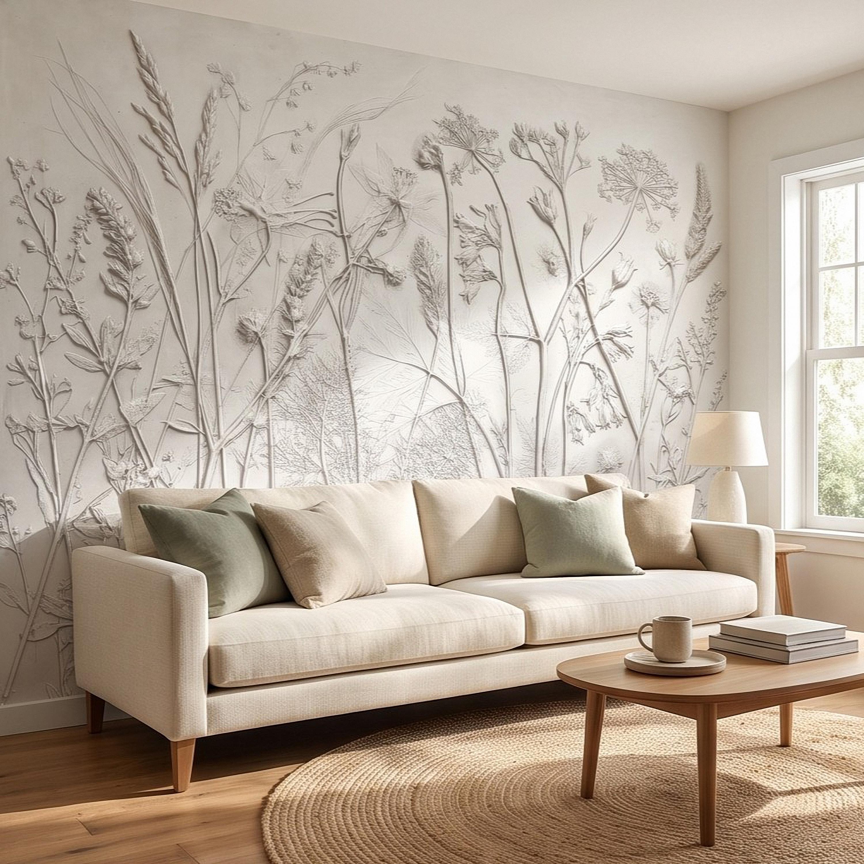 Botanical Plaster Relief Peel and Stick Wall Mural, Wildflowers and Meadow Grasses Textured Floral Wallpaper