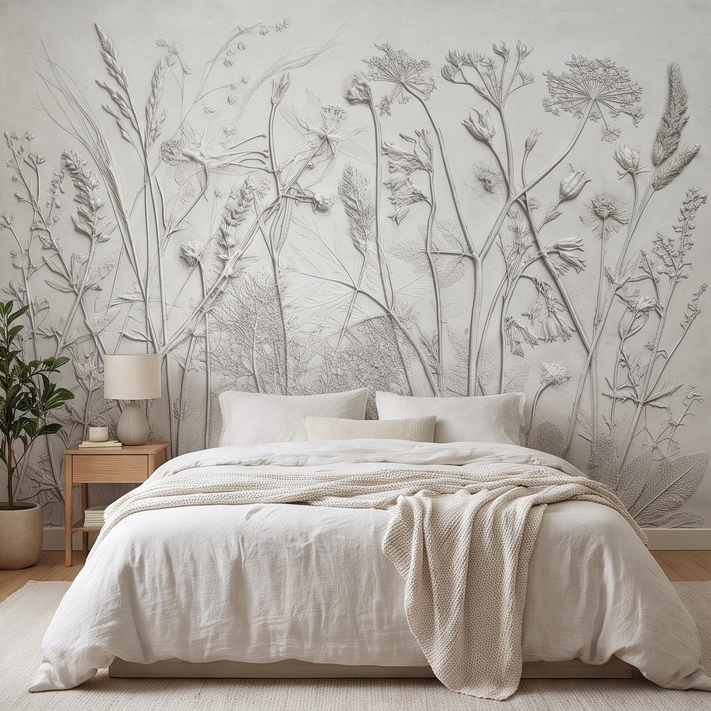 Botanical Plaster Relief Peel and Stick Wall Mural, Wildflowers and Meadow Grasses Textured Floral Wallpaper