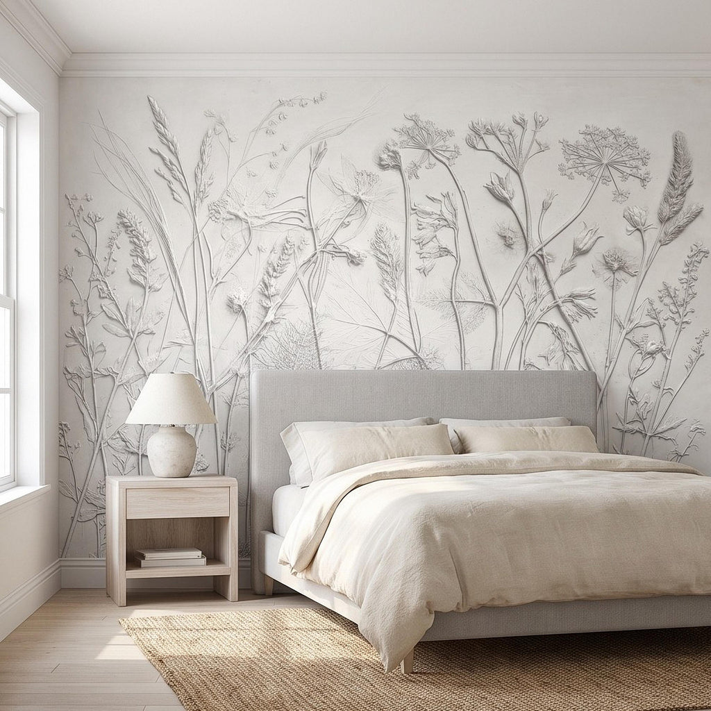 Botanical Plaster Relief Peel and Stick Wall Mural, Wildflowers and Meadow Grasses Textured Floral Wallpaper