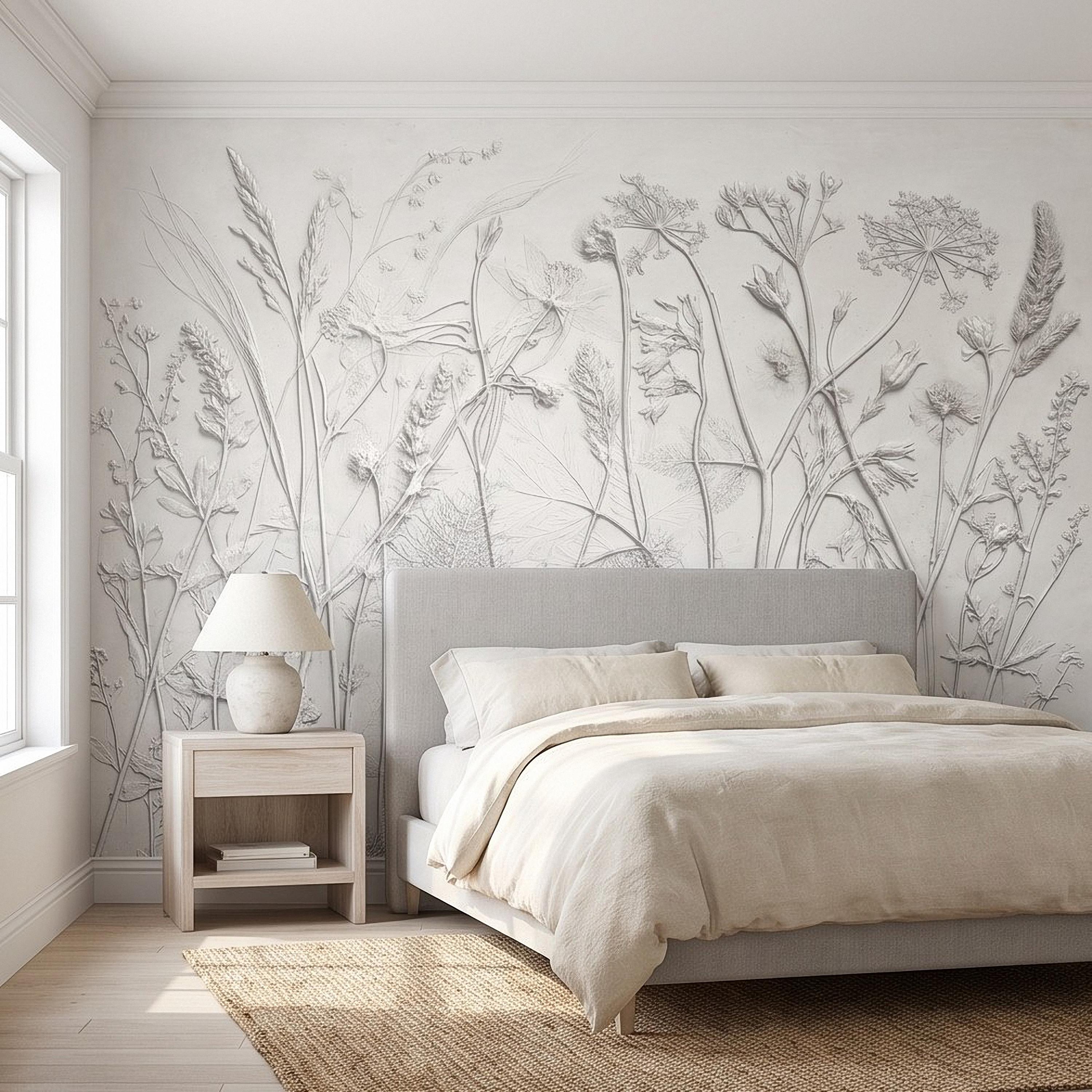 Botanical Plaster Relief Peel and Stick Wall Mural, Wildflowers and Meadow Grasses Textured Floral Wallpaper